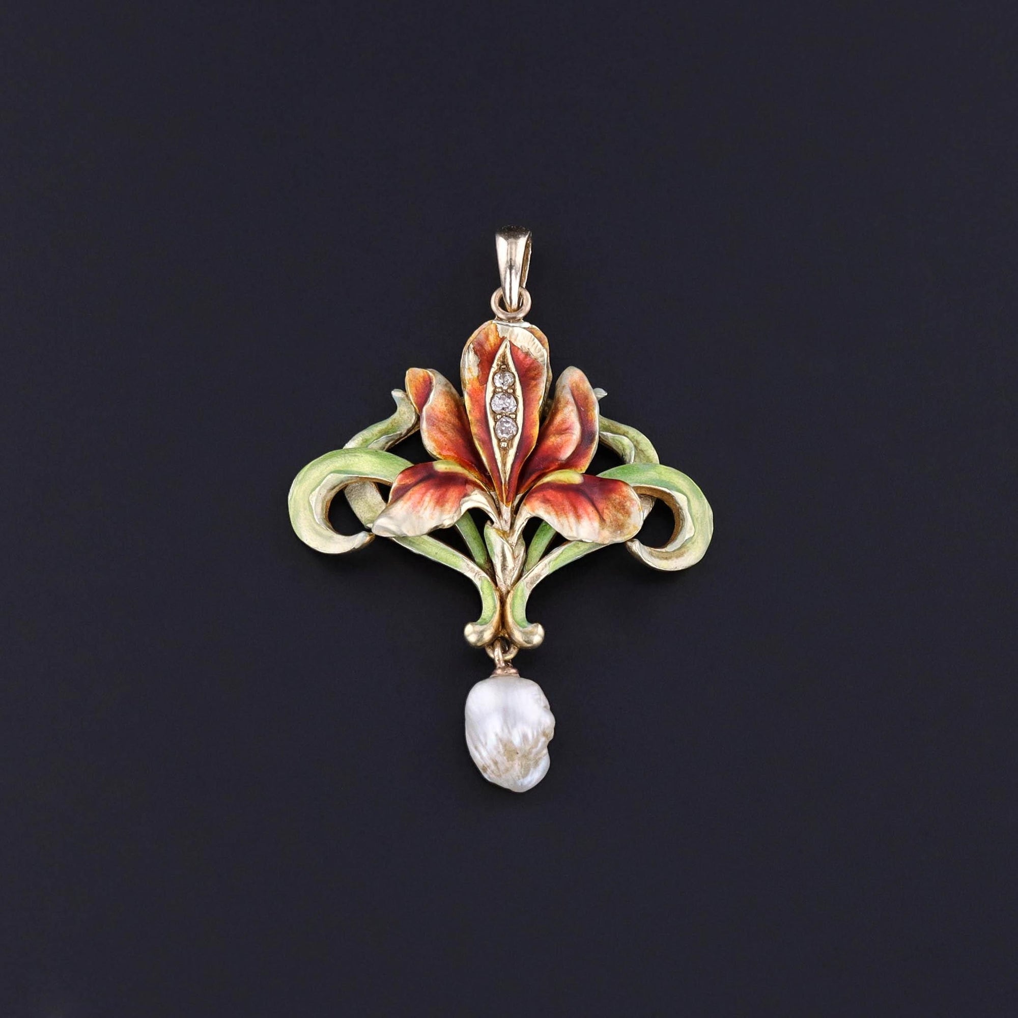 Art Nouveau Enamel Iris Pendant of 14k Gold