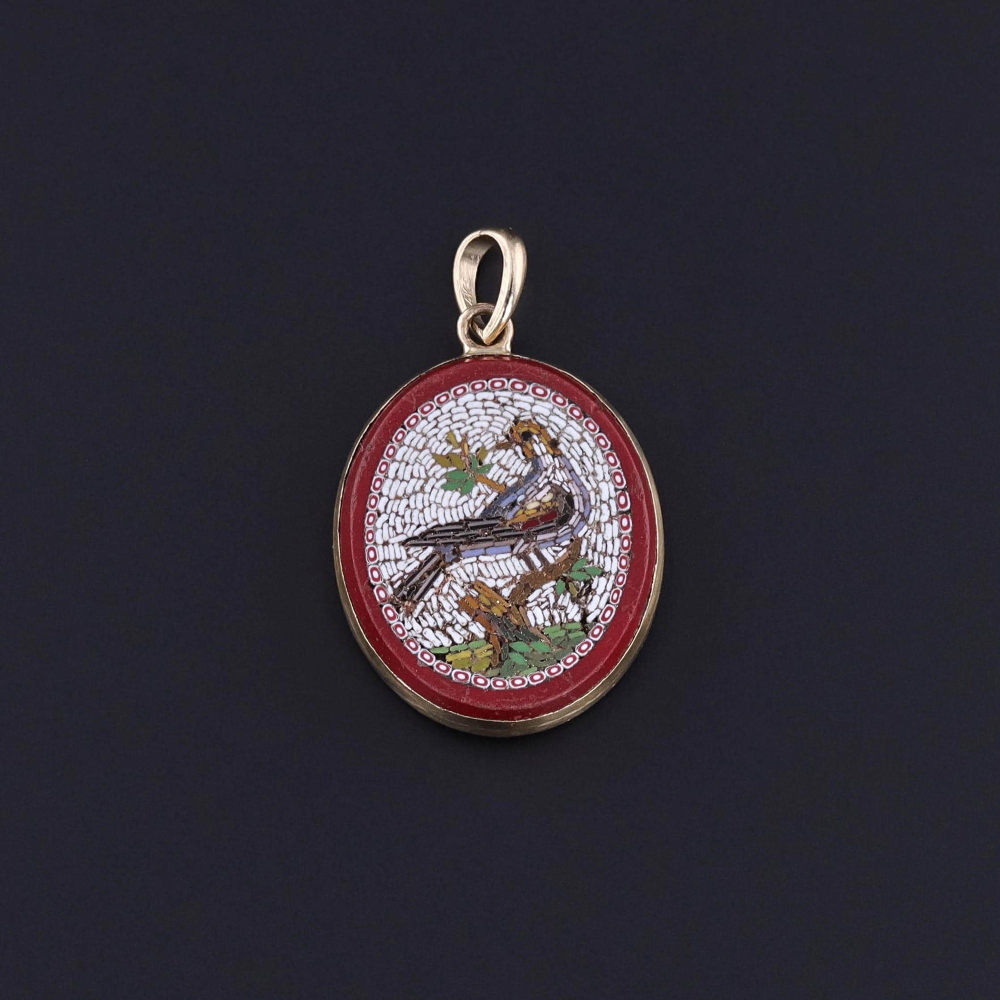 Victorian Micromosaic Bird Pendant of 14k Gold