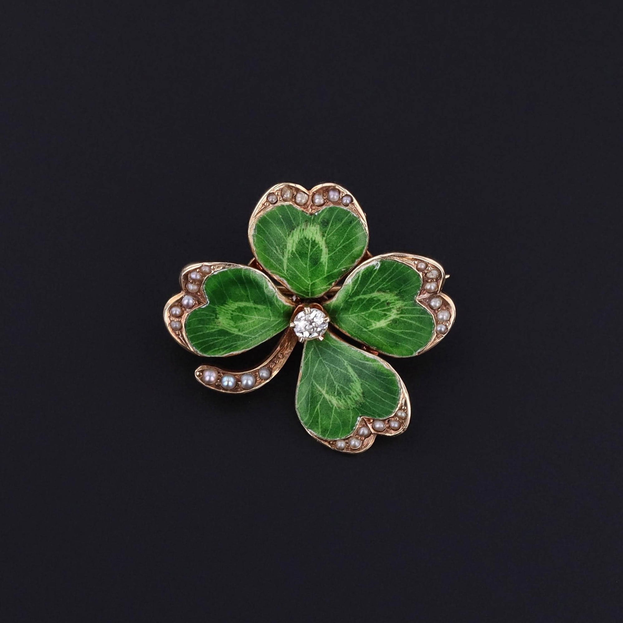 Antique Enamel Clover Brooch of 14k Gold