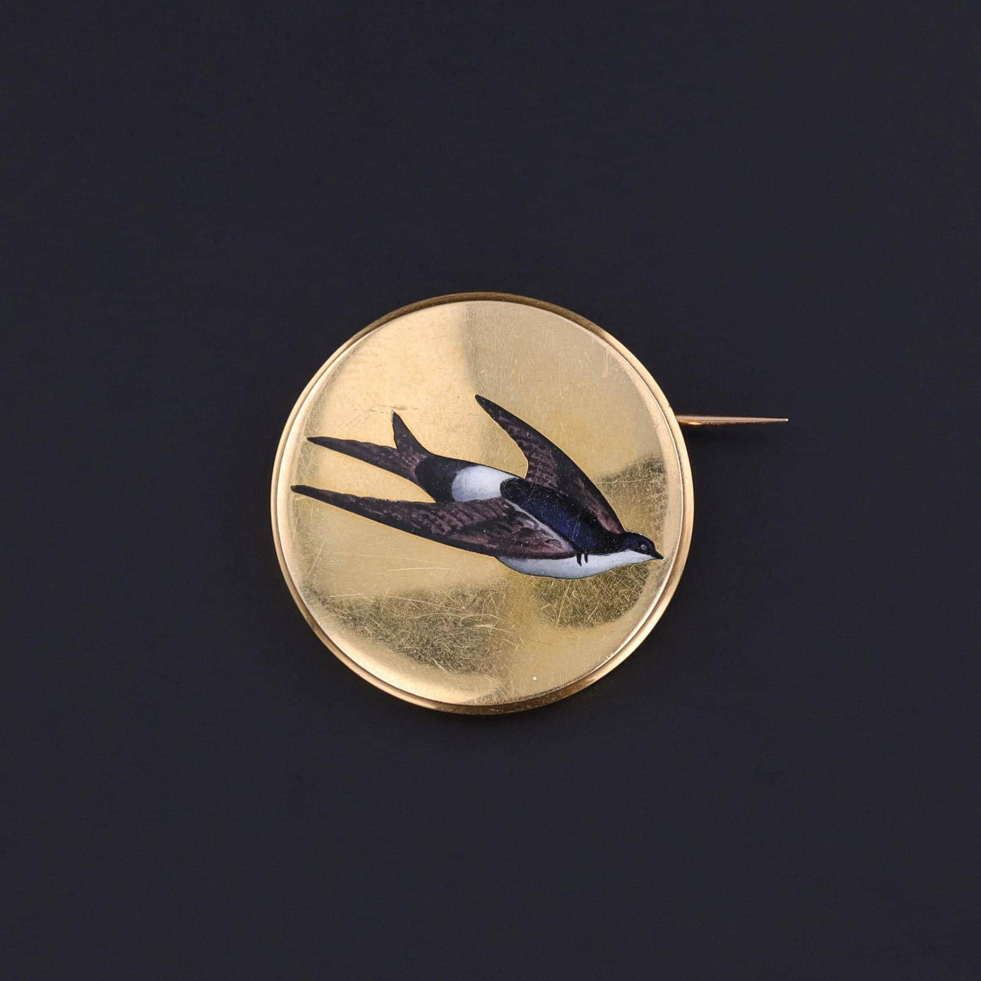 Antique French Enamel Swallow Brooch of 18k Gold