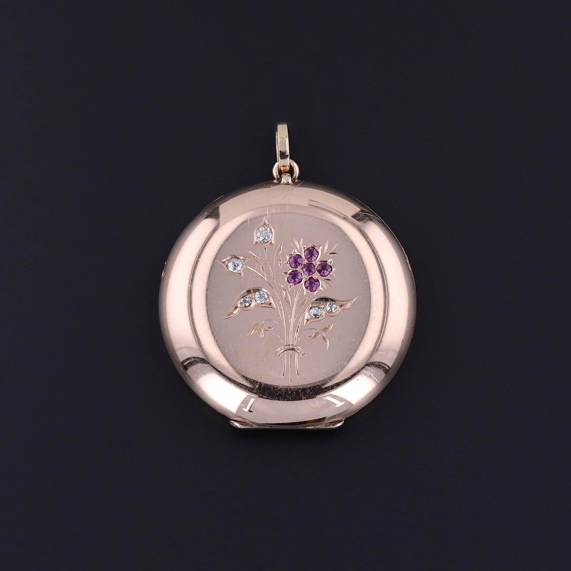 Antique Ruby Flower Locket of 14k Gold