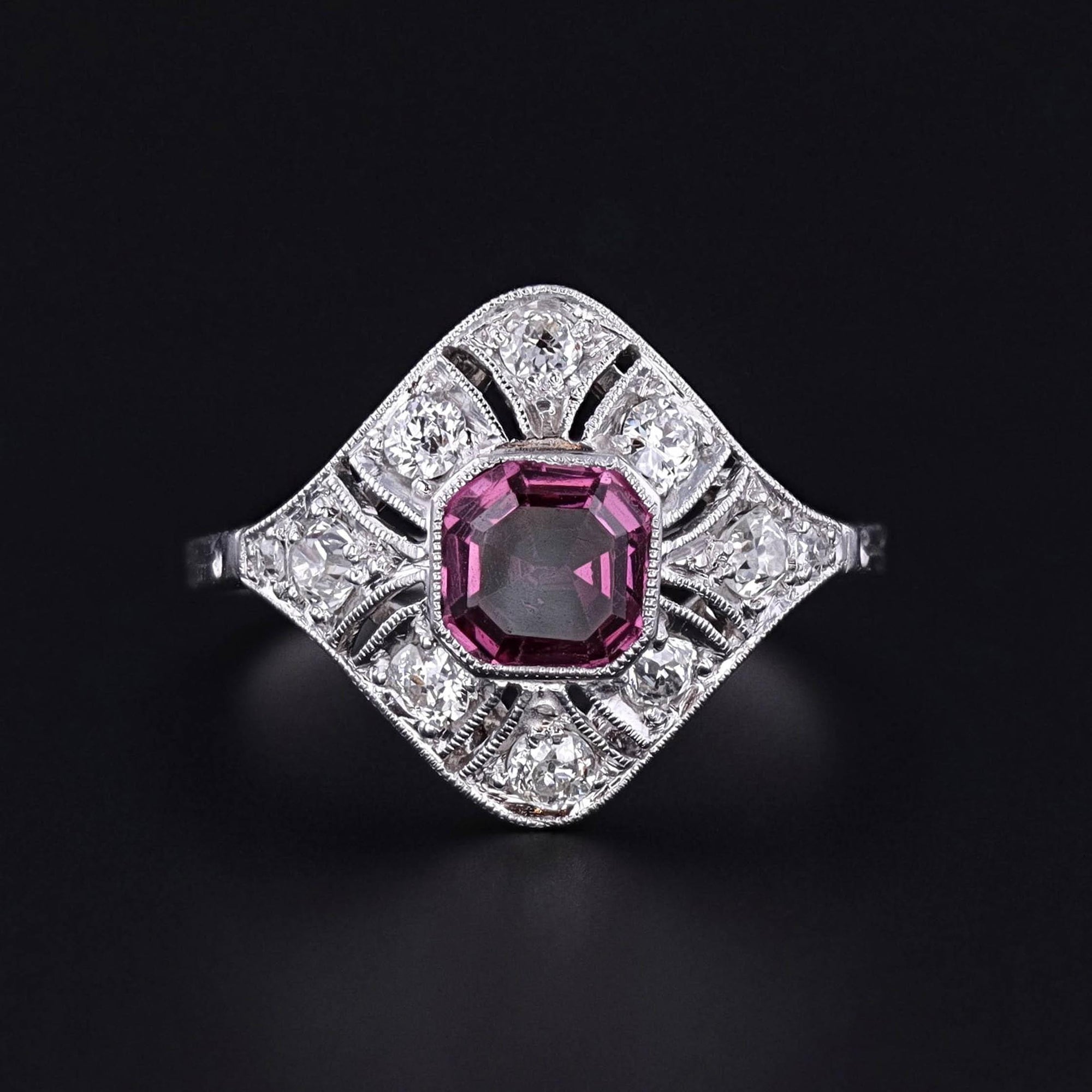 Antique Pink Sapphire and Diamond Ring of Platinum