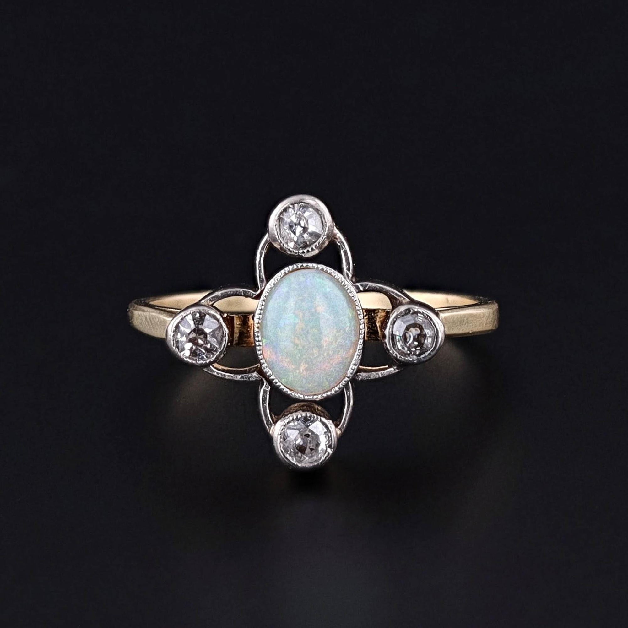 DROP ** Antique Opal and Diamond Ring of 14k Gold