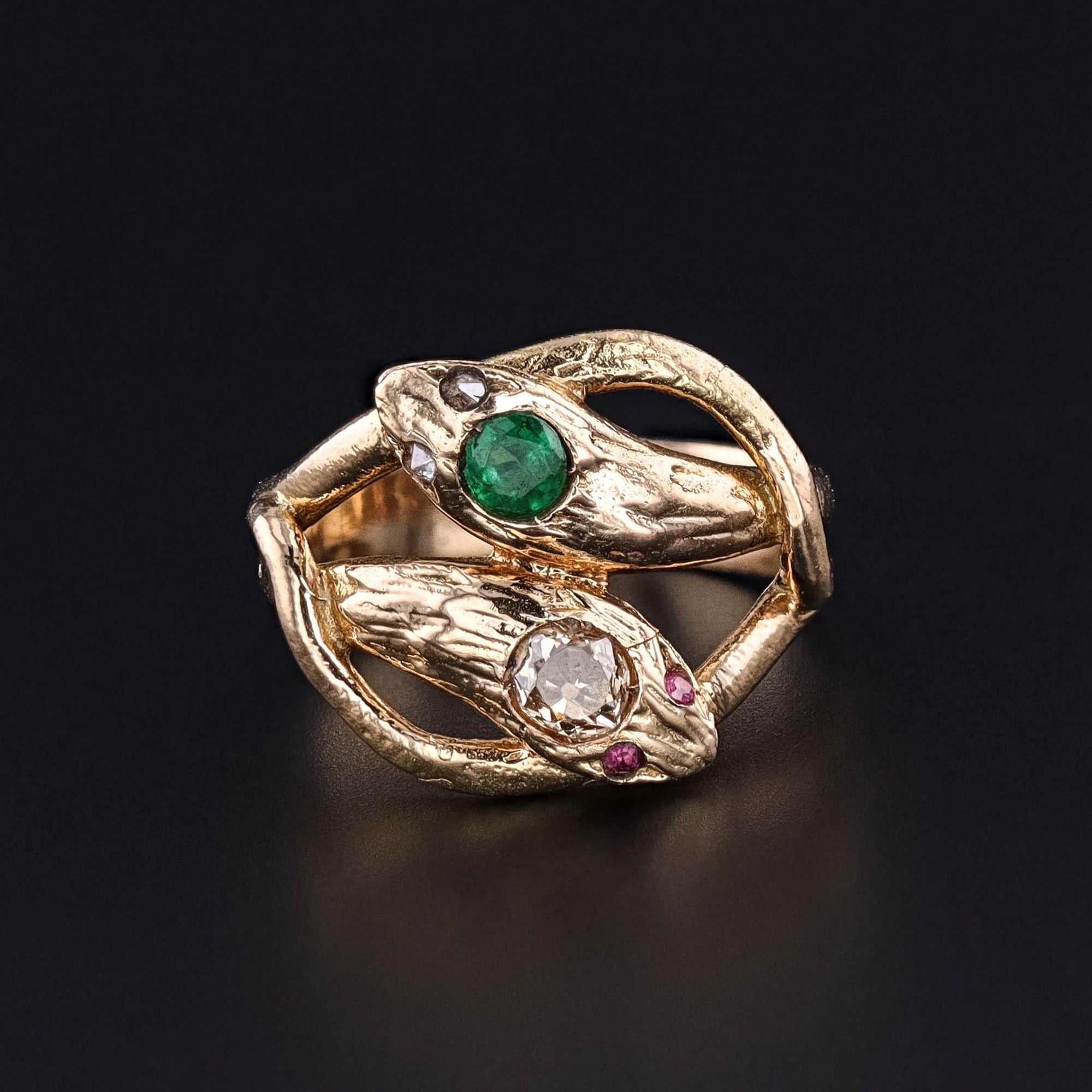 Vintage Emerald and Diamond Snake Ring of 18k Gold