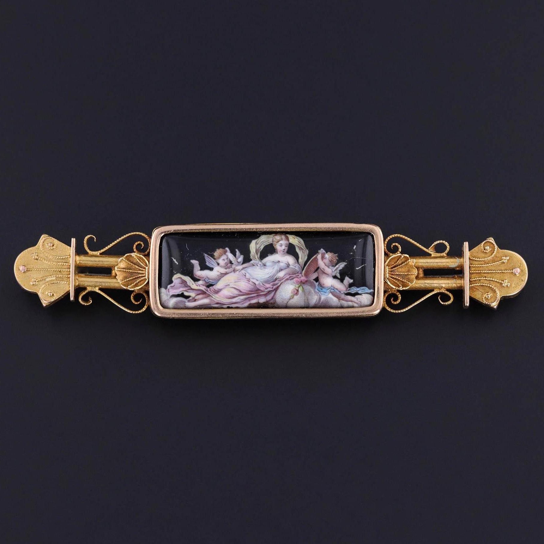 Victorian Enamel Cherub Brooch of 14k Gold