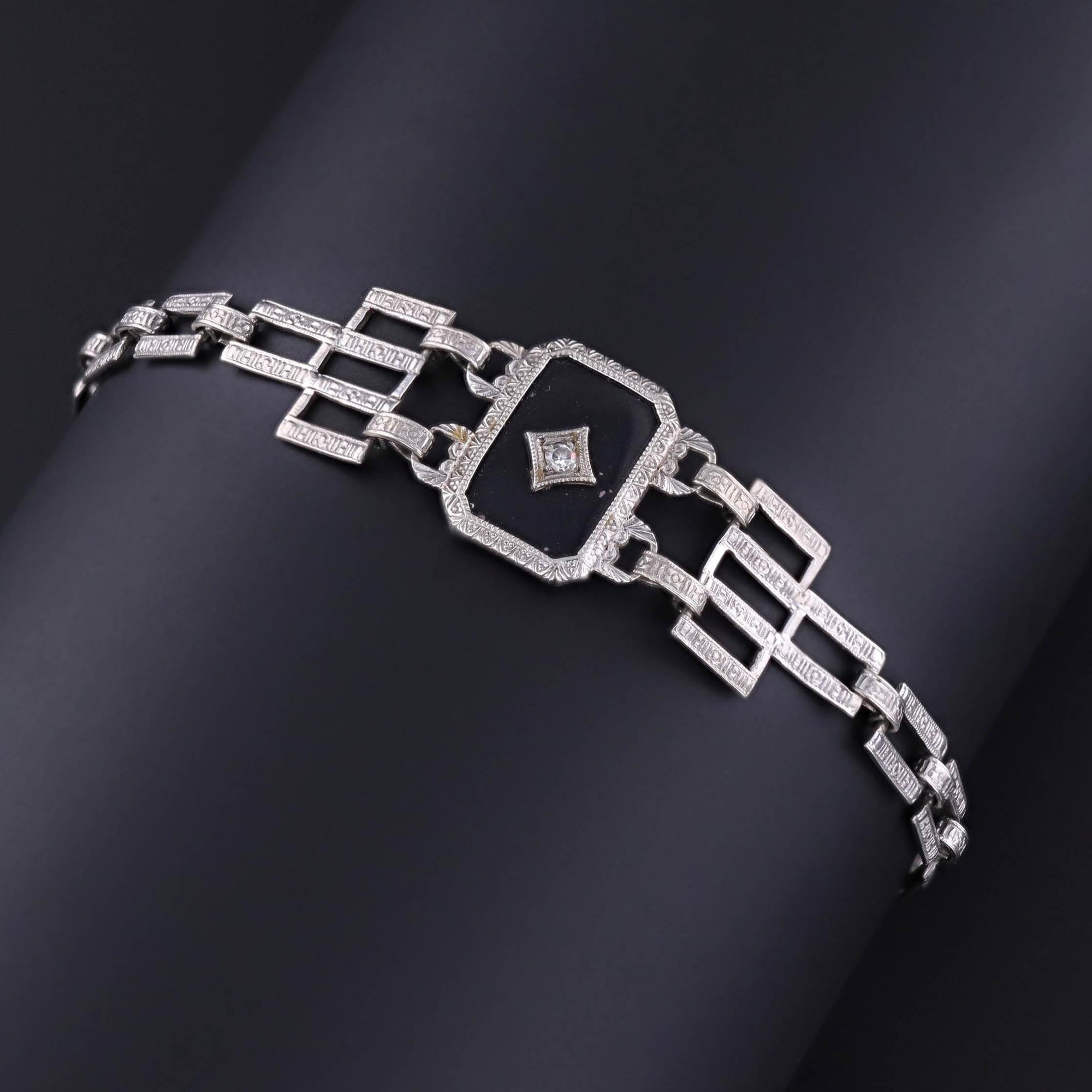 Antique Onyx and Diamond Bracelet of 10k White Gold