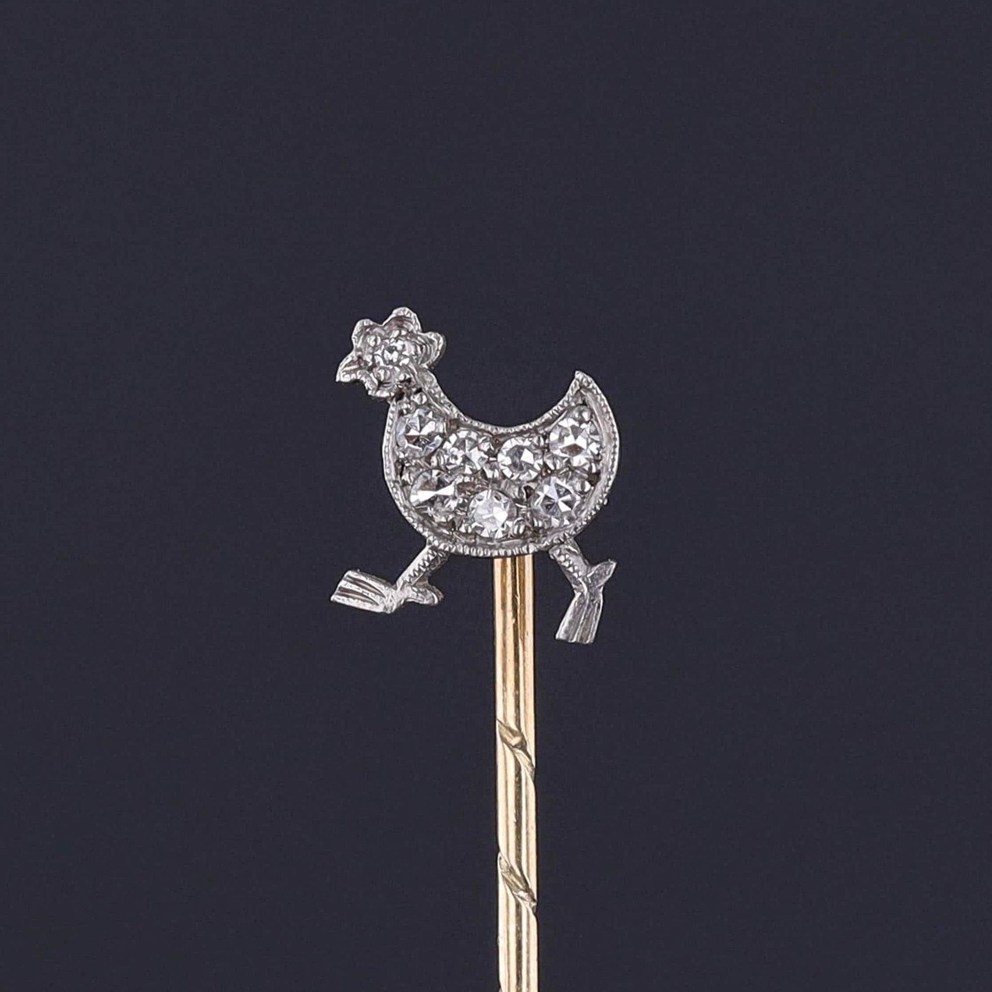 Antique Diamond Chicken Stickpin of Palladium and 14k Gold