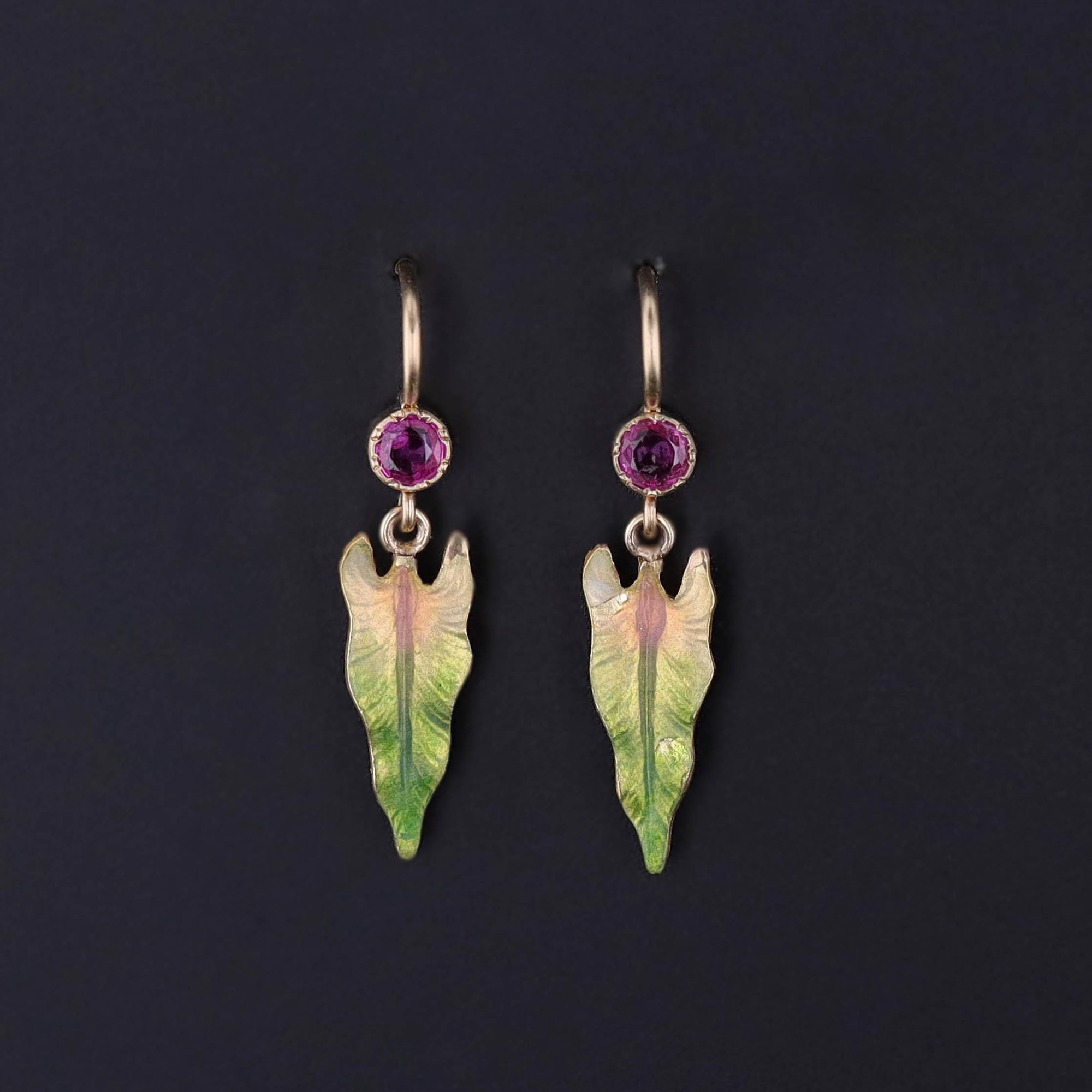 Antique Enamel Leaf Earrings of 14k Gold