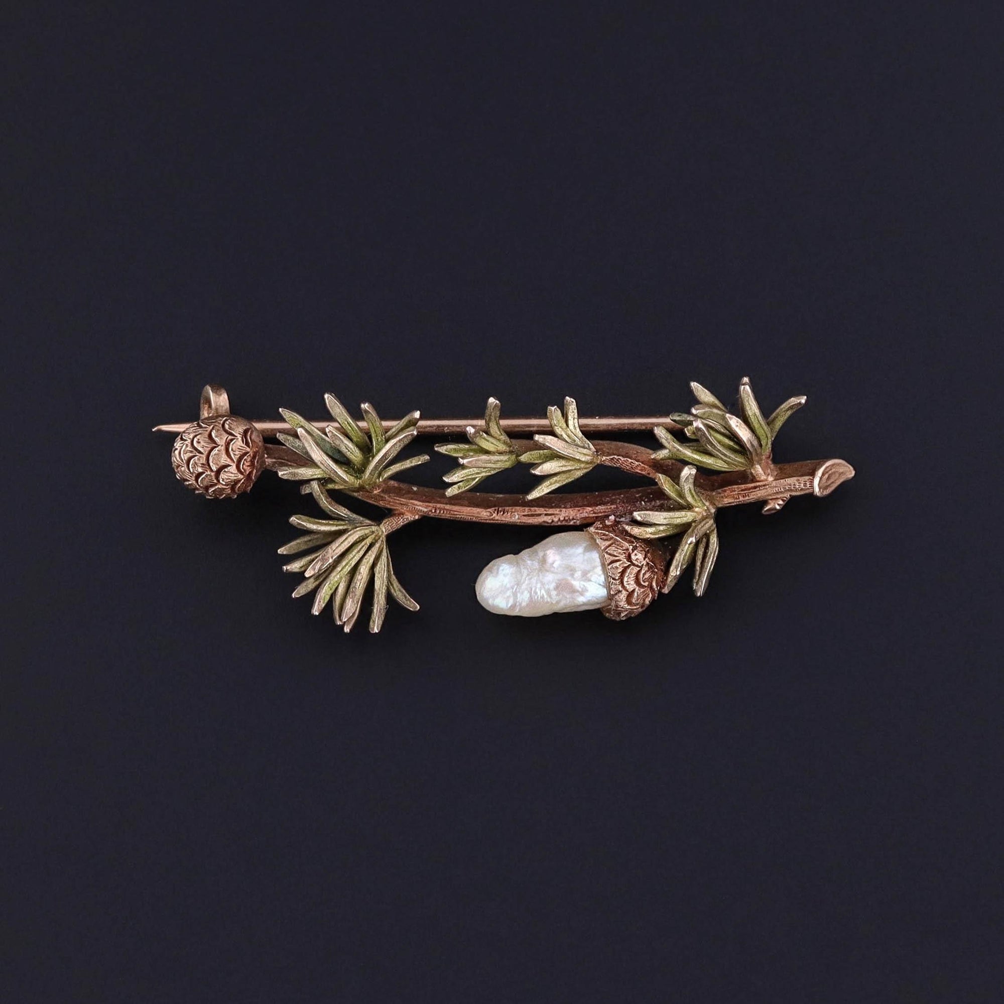 Antique Pearl Pinecone on Branch Brooch of 14k Gold