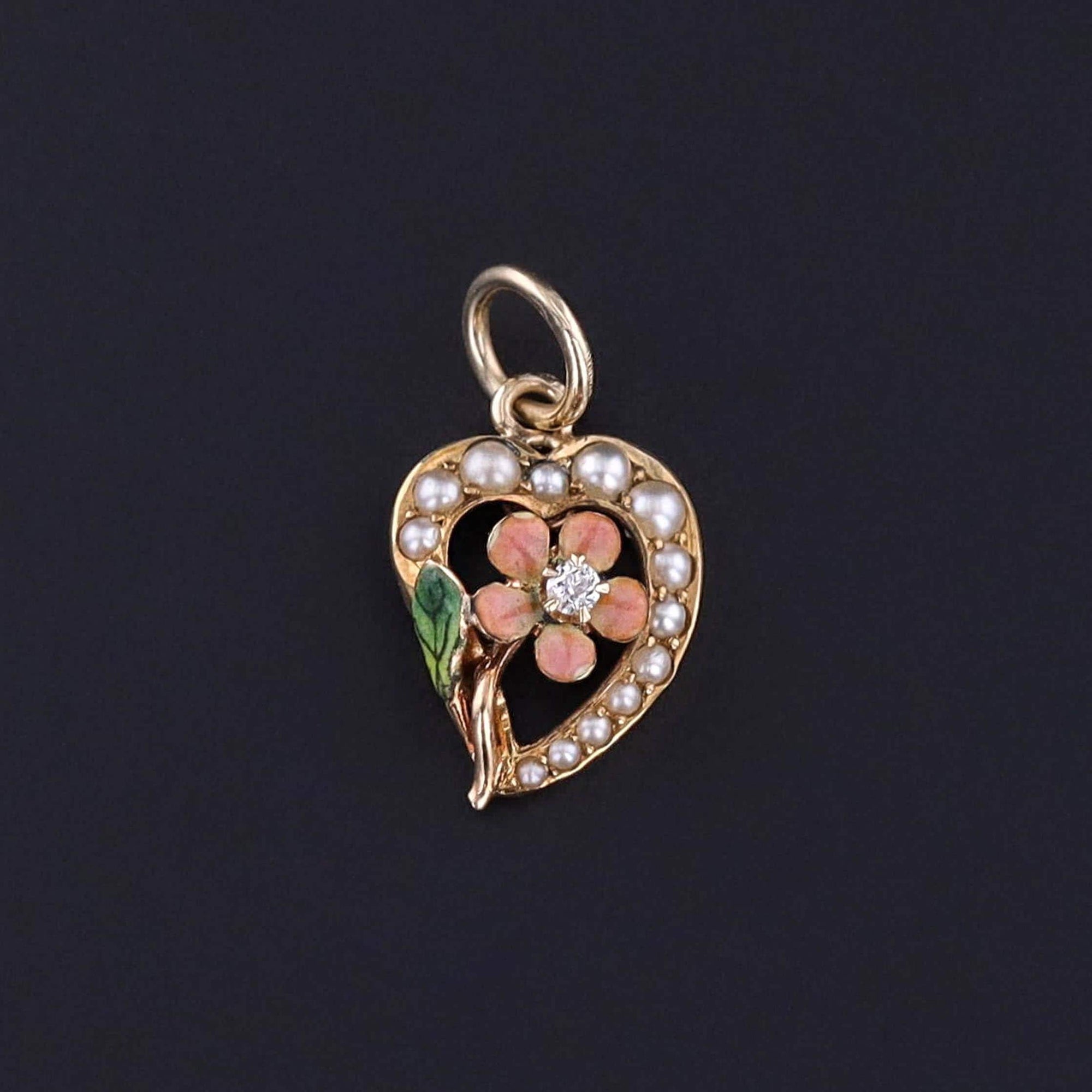 Antique Enamel Flower and Heart Charm of 14k Gold