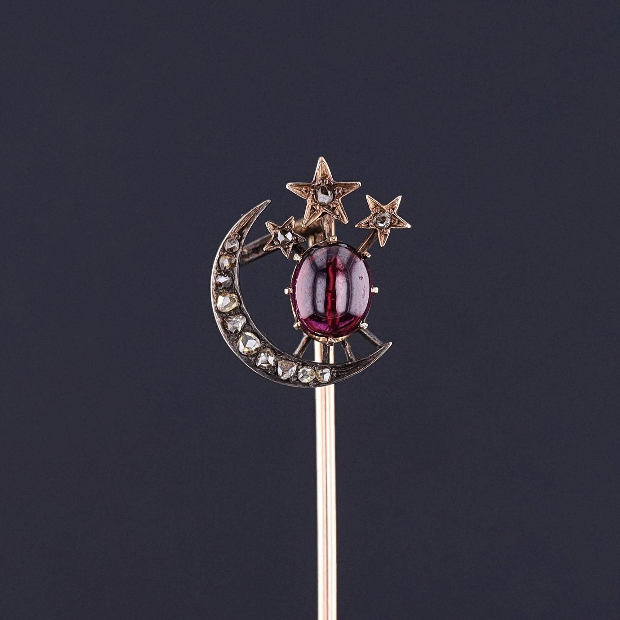 Antique Crescent Moon and Stars Stickpin of 14k Gold