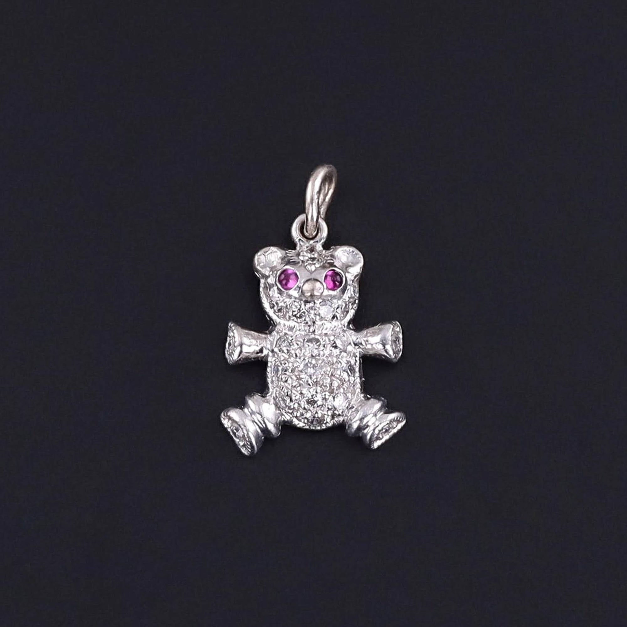 Vintage Diamond Teddy Bear Charm of 18k White Gold