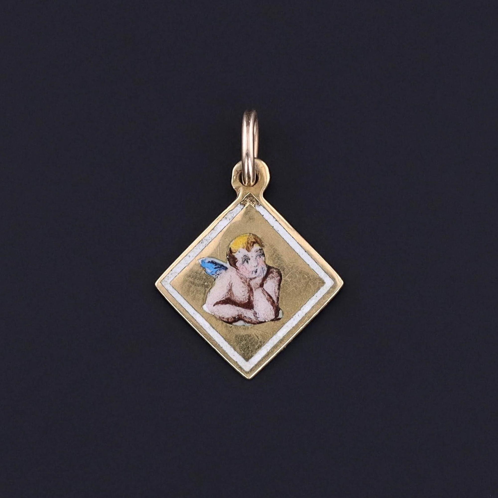 Vintage Enamel Cherub Charm of 18k Gold