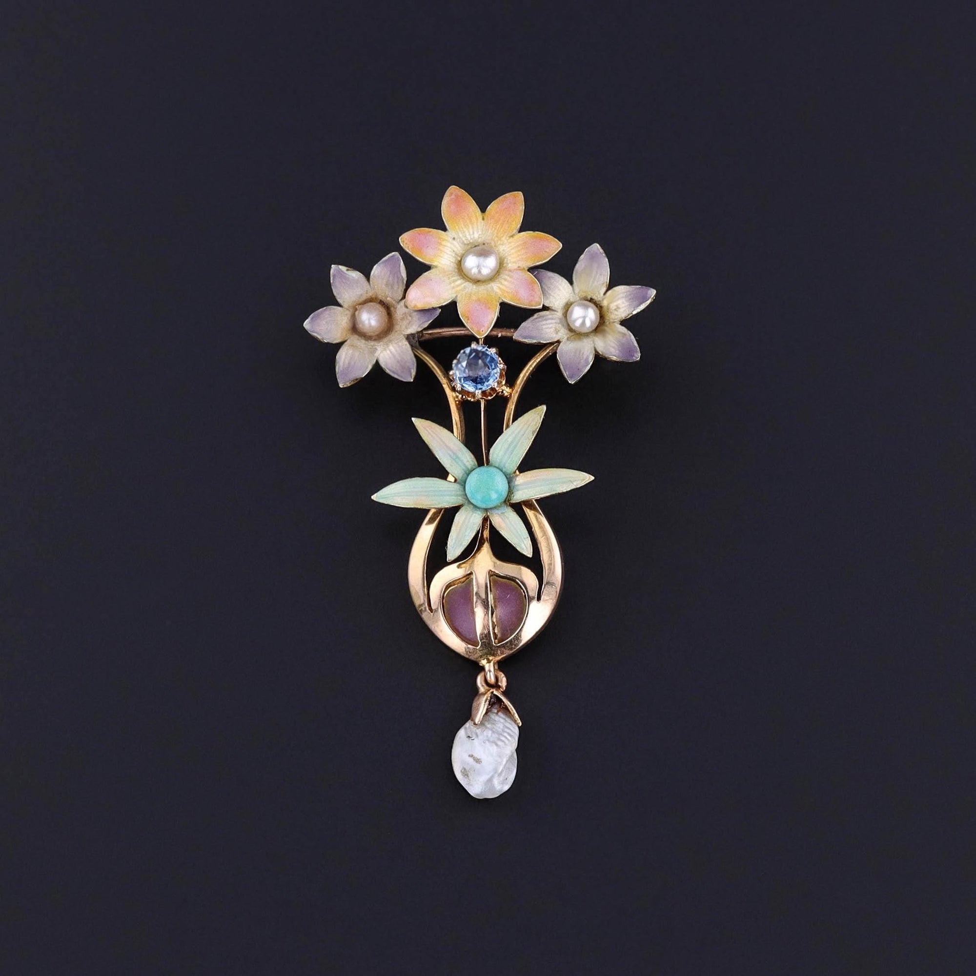 Antique Enamel Flower Pendant Brooch of 15ct Gold