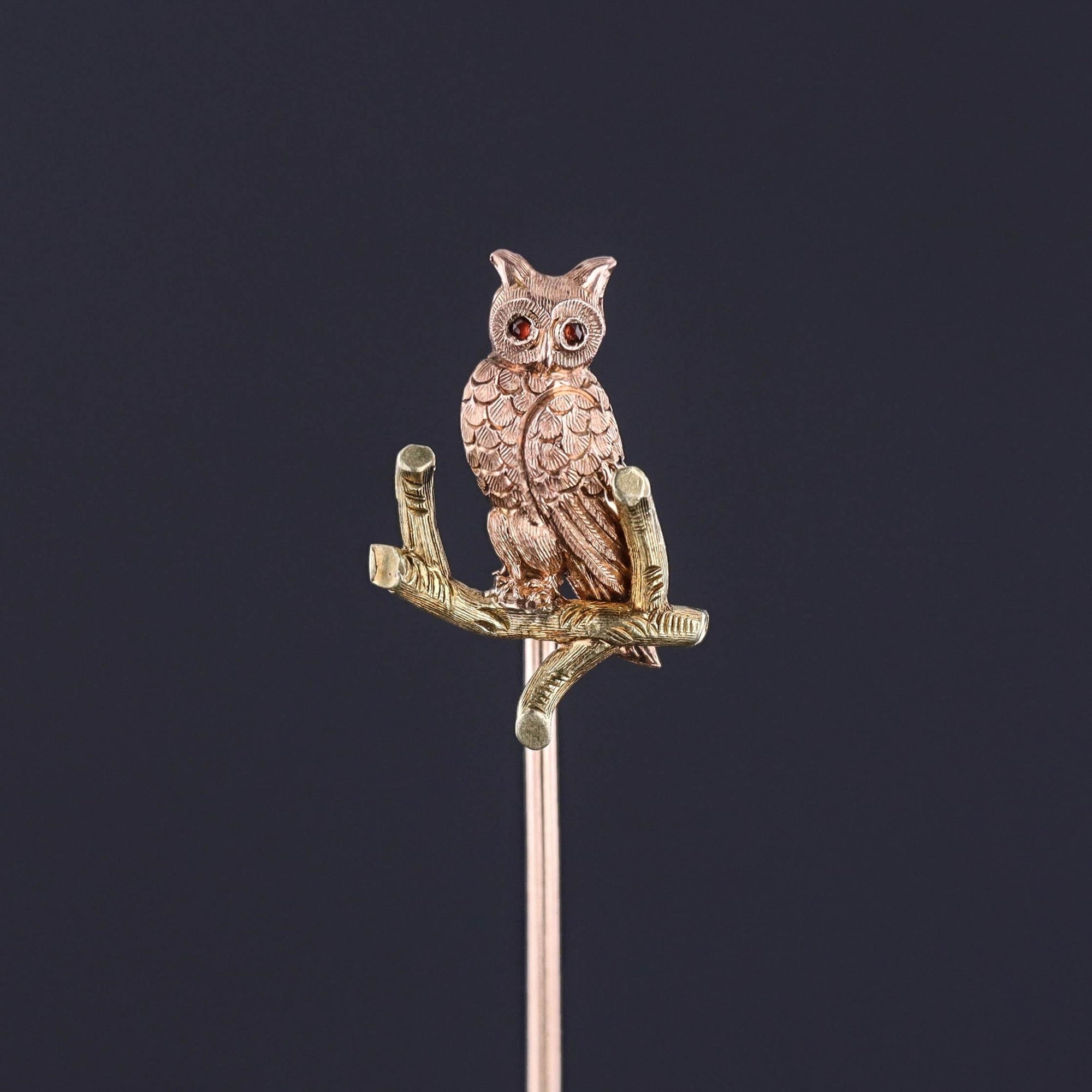 Antique Owl Stickpin of 14k Rose and Yellow Gold