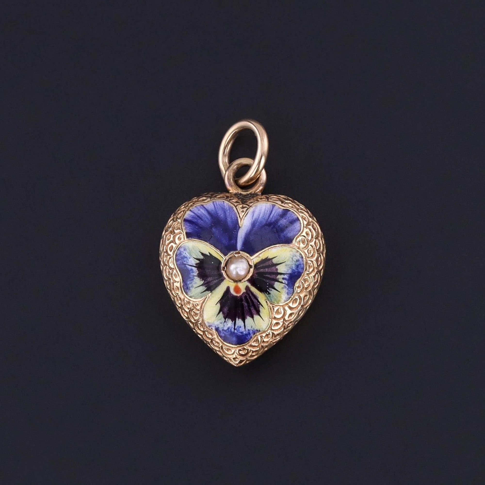 Antique Enamel Pansy Heart Pendant of 15ct Gold