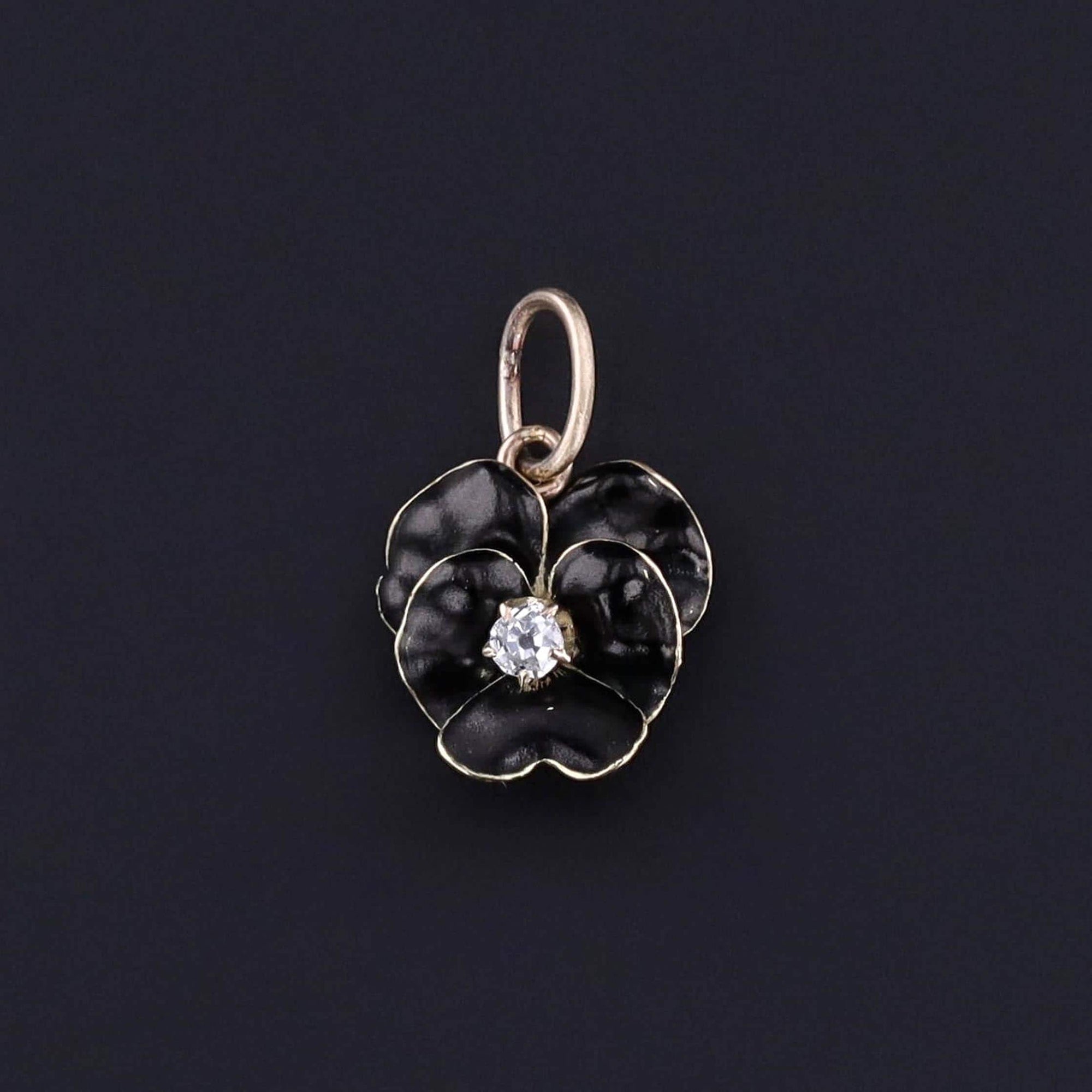 Antique Black Enamel Pansy Charm of 14k Gold