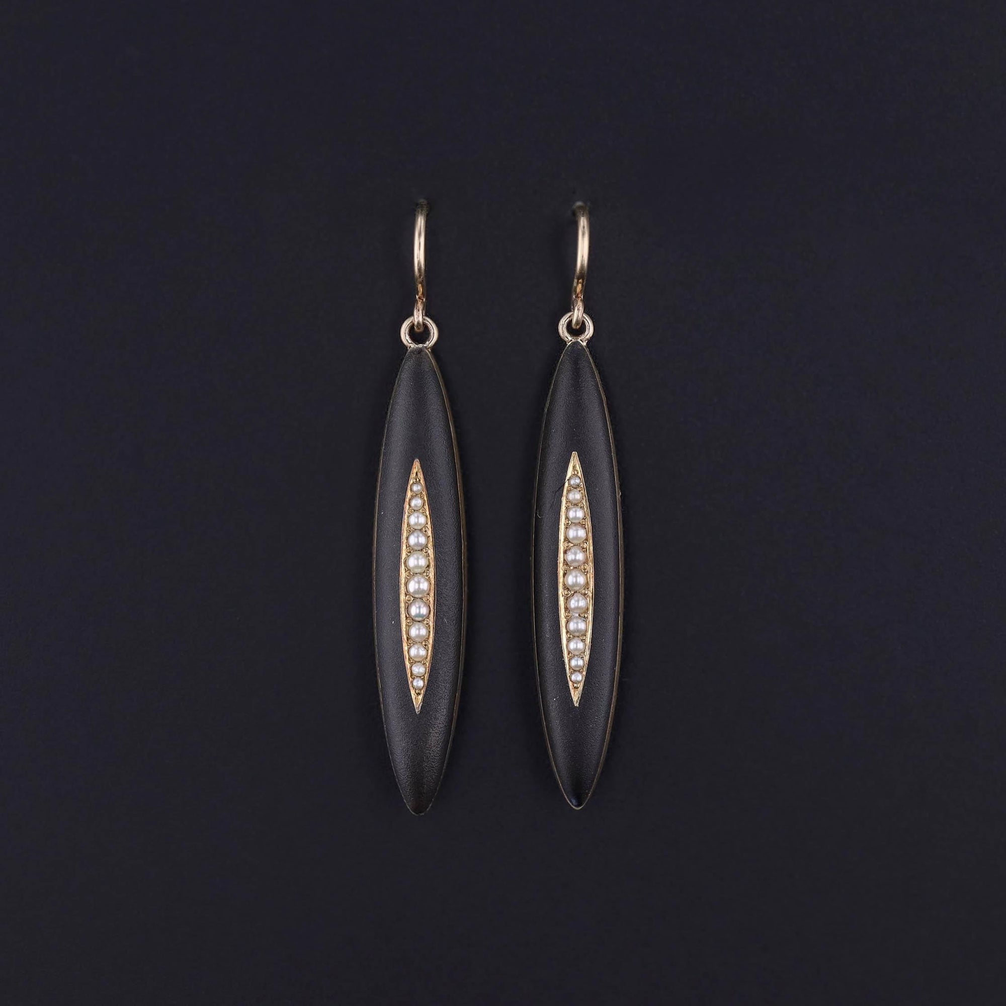 Antique Black Enamel and Pearl Earrings of 14k Gold