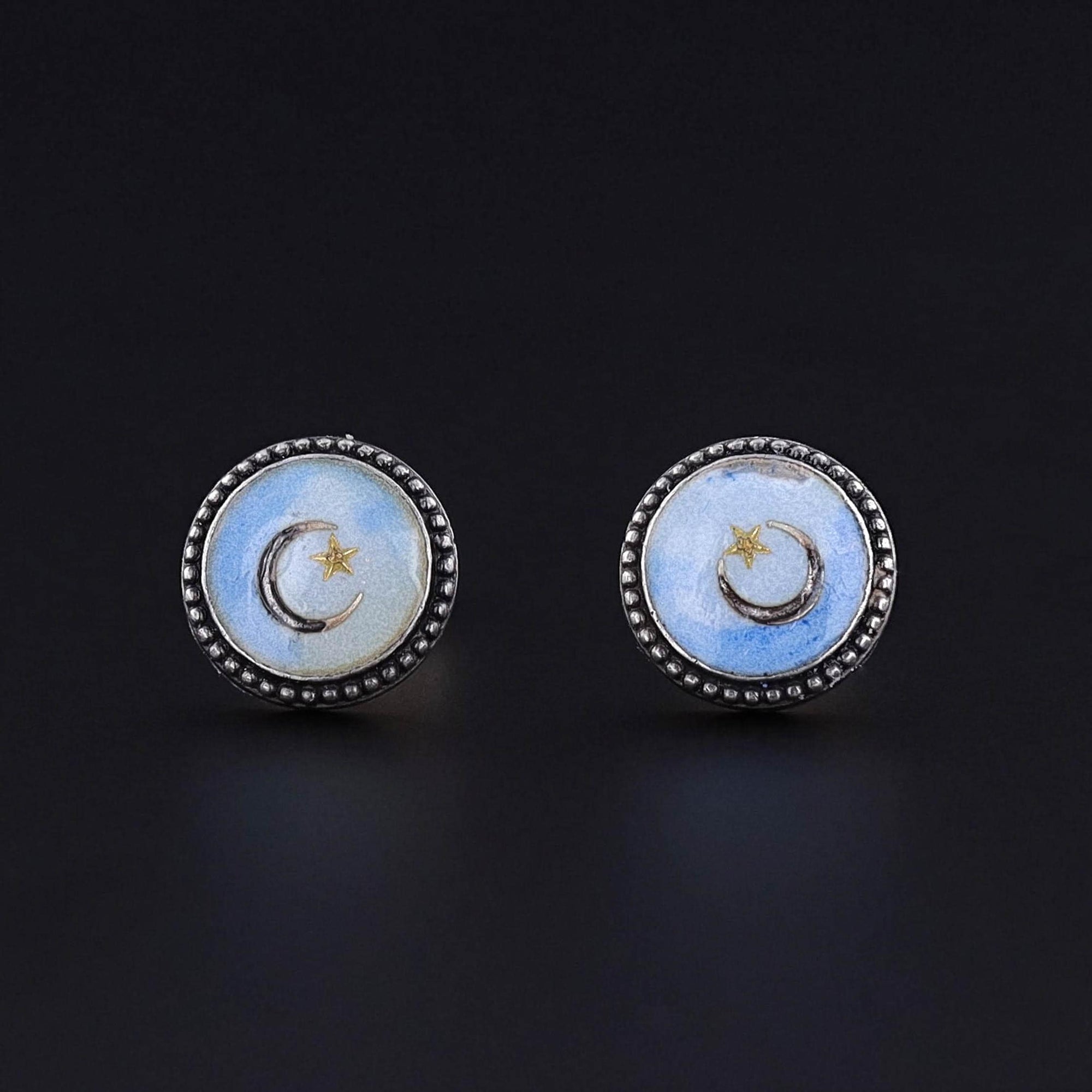 Antique Enamel Crescent Earrings of Silver and 14k Gold