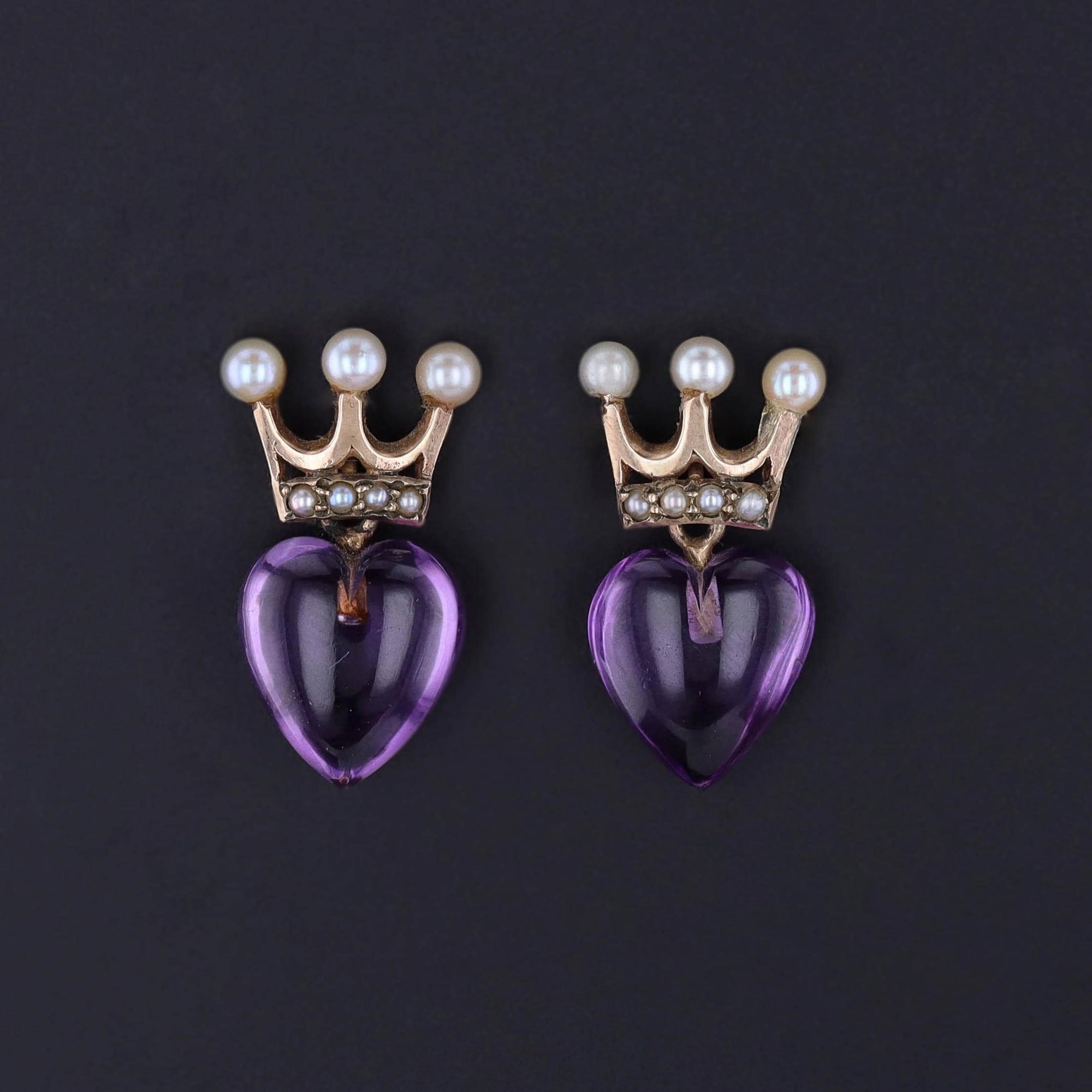 Antique Crowned Amethyst Heart Earrings of 9ct Gold