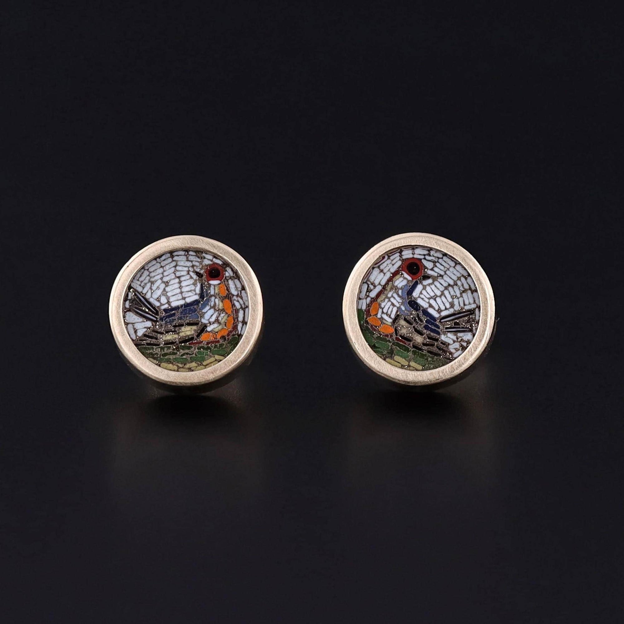 Antique Micromosaic Bird Earrings of 14k Gold