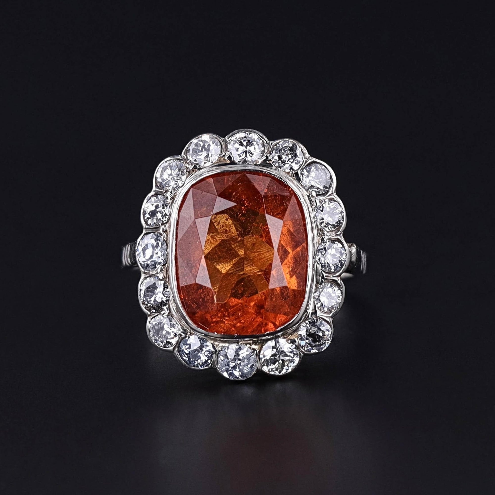 Vintage Strong Orange Spessartite Garnet and Diamond Ring of 18k Gold