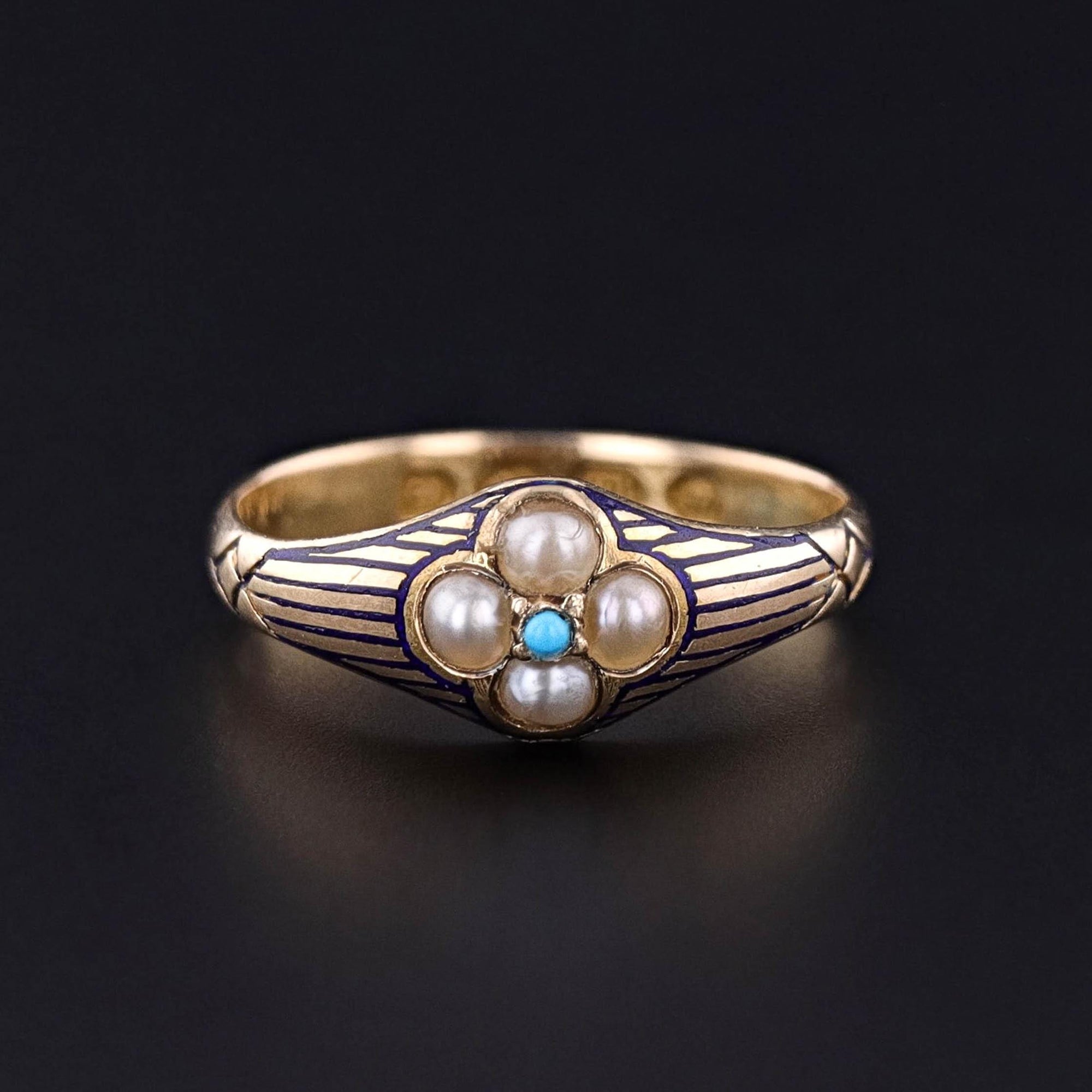 Victorian Enamel, Pearl and Turquoise Ring of 18k Gold