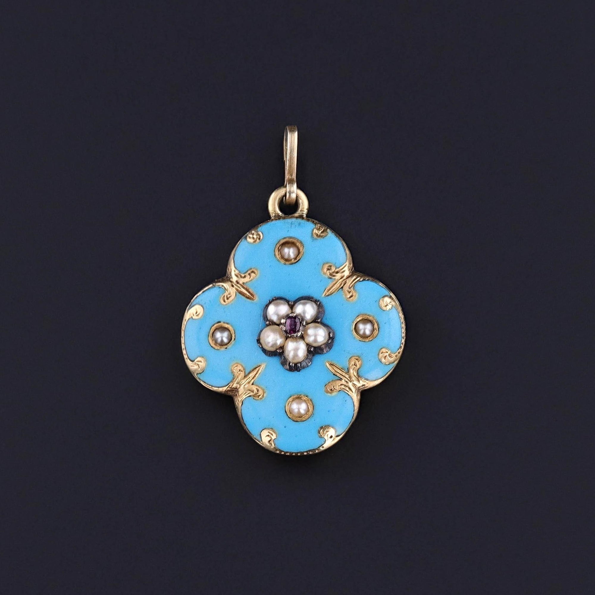 Antique Blue Enamel Locket Pendant of 18k Gold