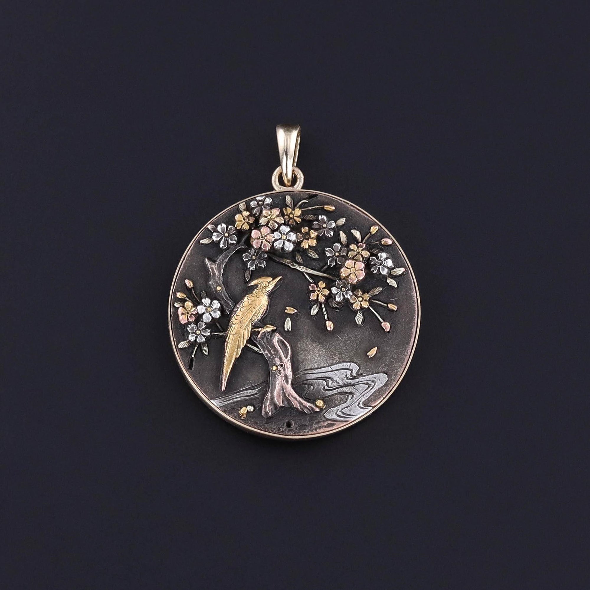 Antique Shibuichi Pendant of 14k Gold