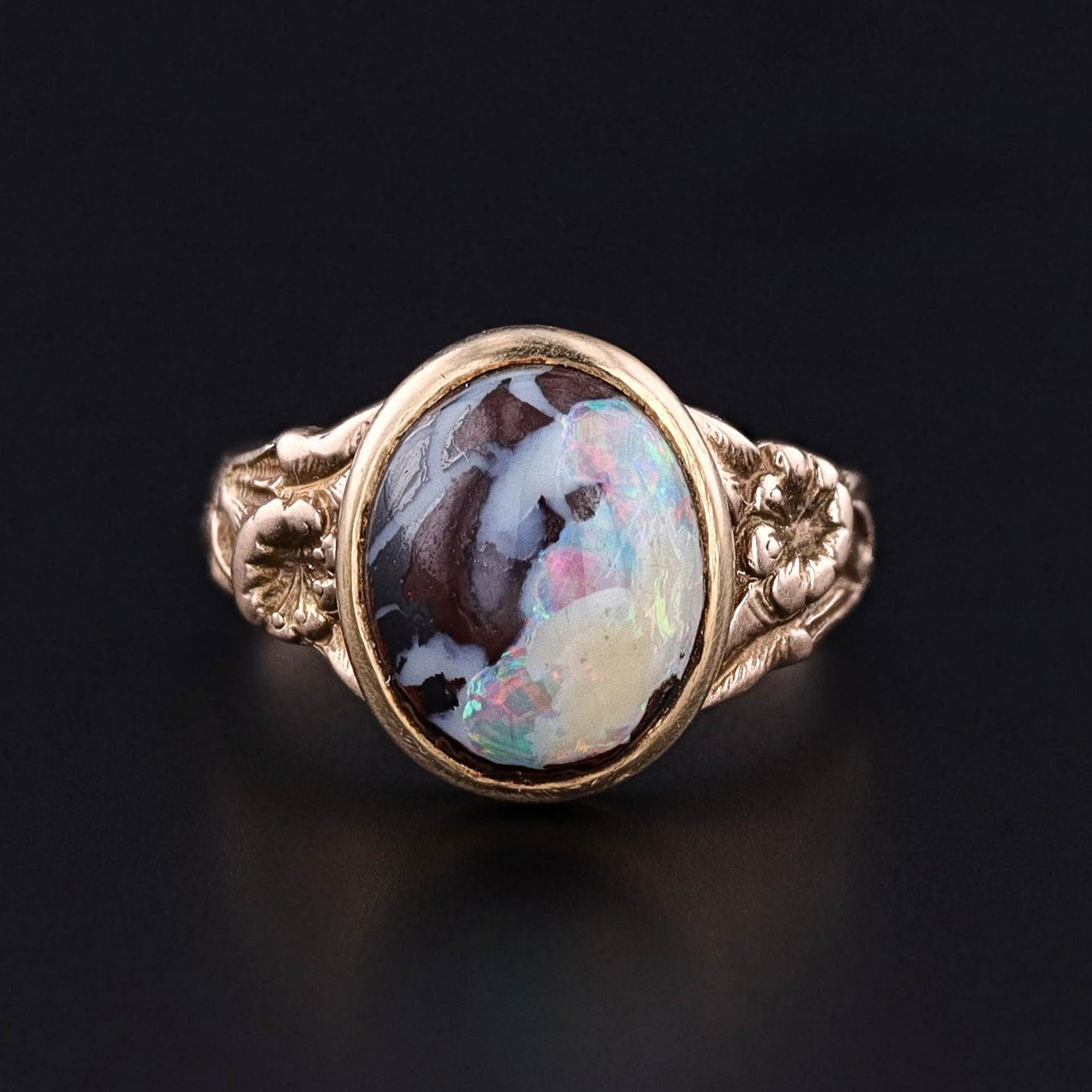 Antique Boulder Opal Flower Ring of 10k Gold