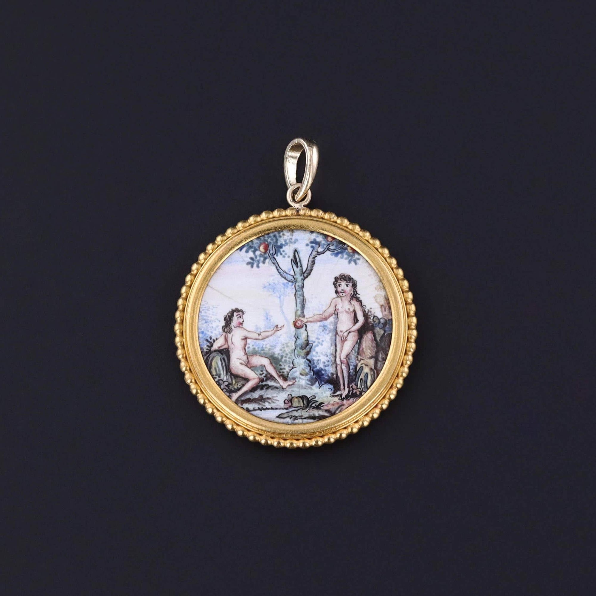 Antique Enamel Adam and Eve Pendant of 14k Gold