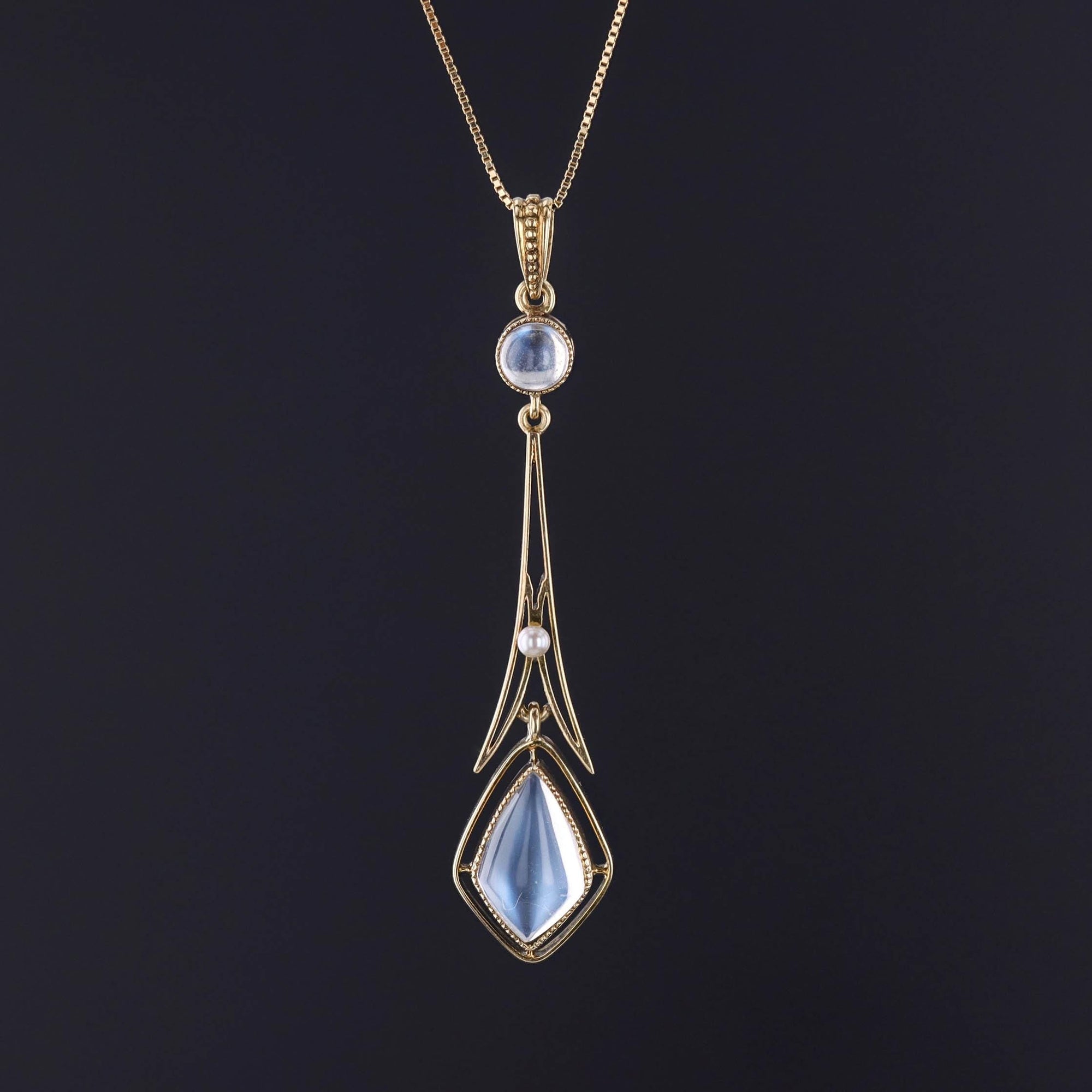 Antique Moonstone and Pearl Lavalier Pendant of 14k Gold