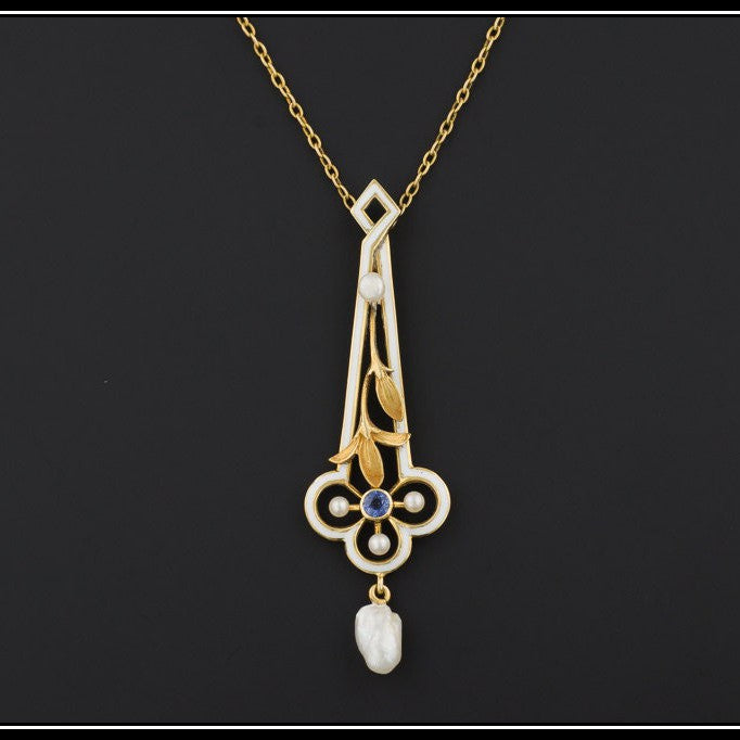 Art Nouveau Enamel Pendant of 14k Gold