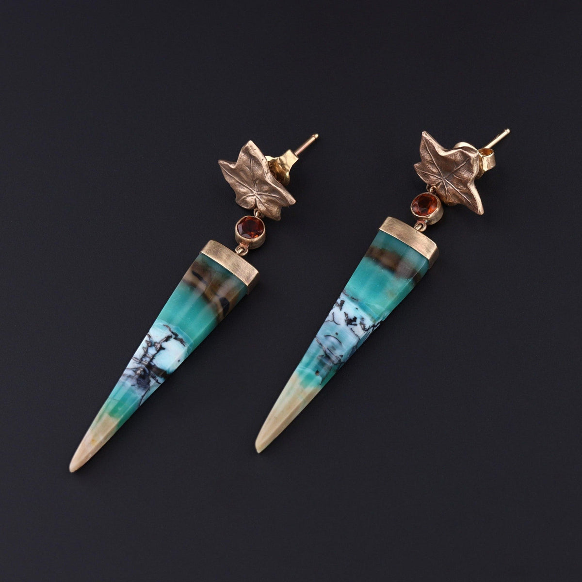Ivy Earrings of Petrified Opalized Wood and 14k Gold - Trademark Antiques