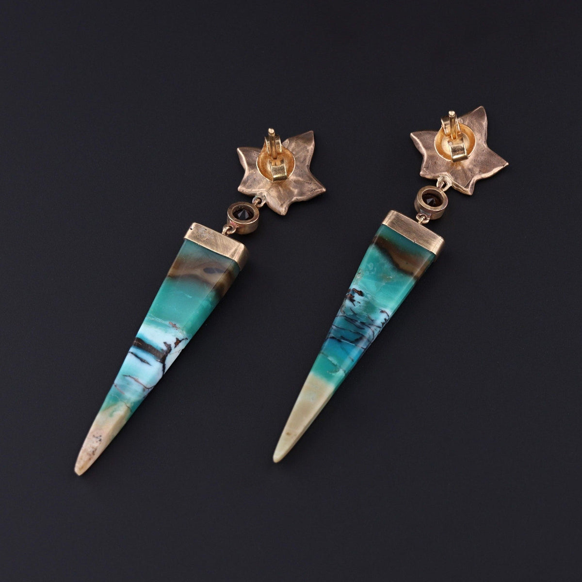 Ivy Earrings of Petrified Opalized Wood and 14k Gold - Trademark Antiques