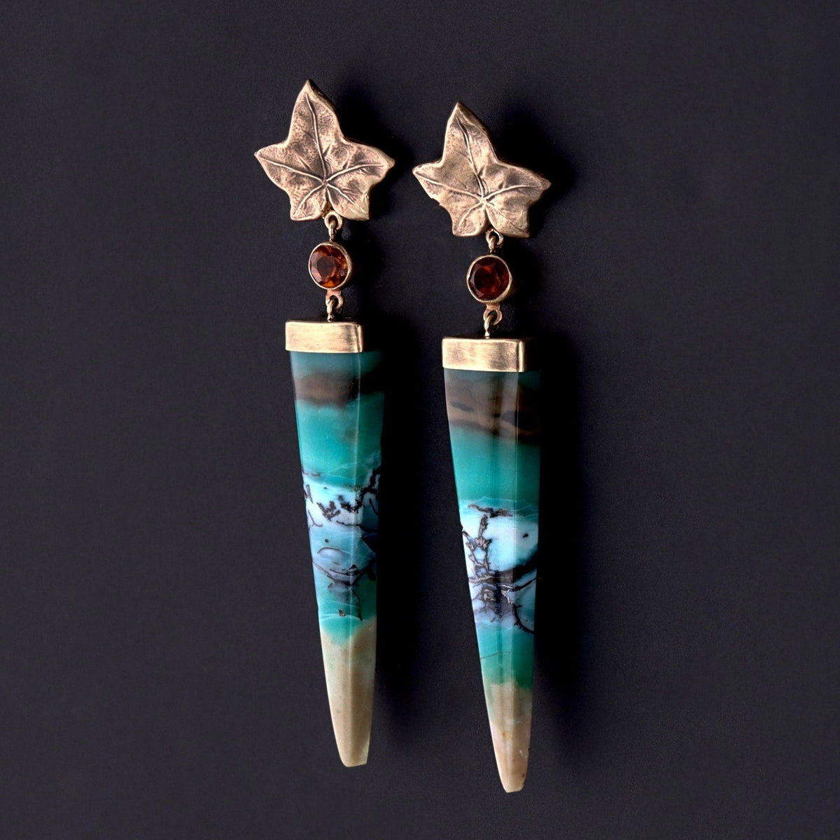 Ivy Earrings of Petrified Opalized Wood and 14k Gold - Trademark Antiques