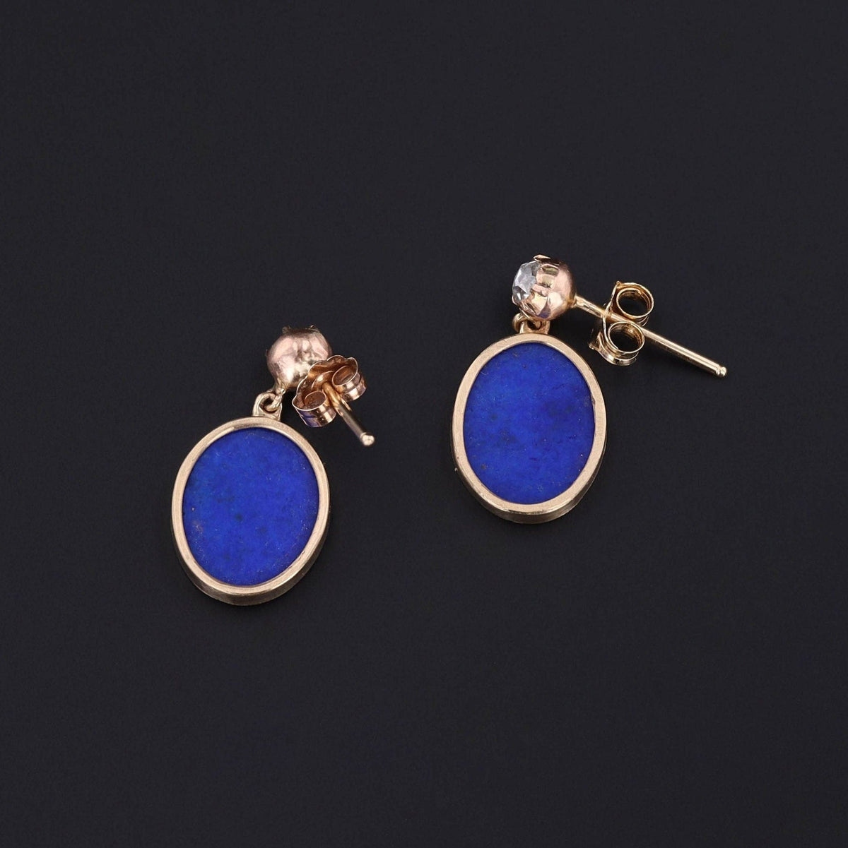 Lapis Lazuli Scarab Earrings with Diamonds in 14k Gold - Trademark Antiques