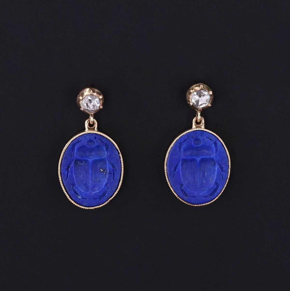 Lapis Lazuli Scarab Earrings with Diamonds in 14k Gold - Trademark Antiques