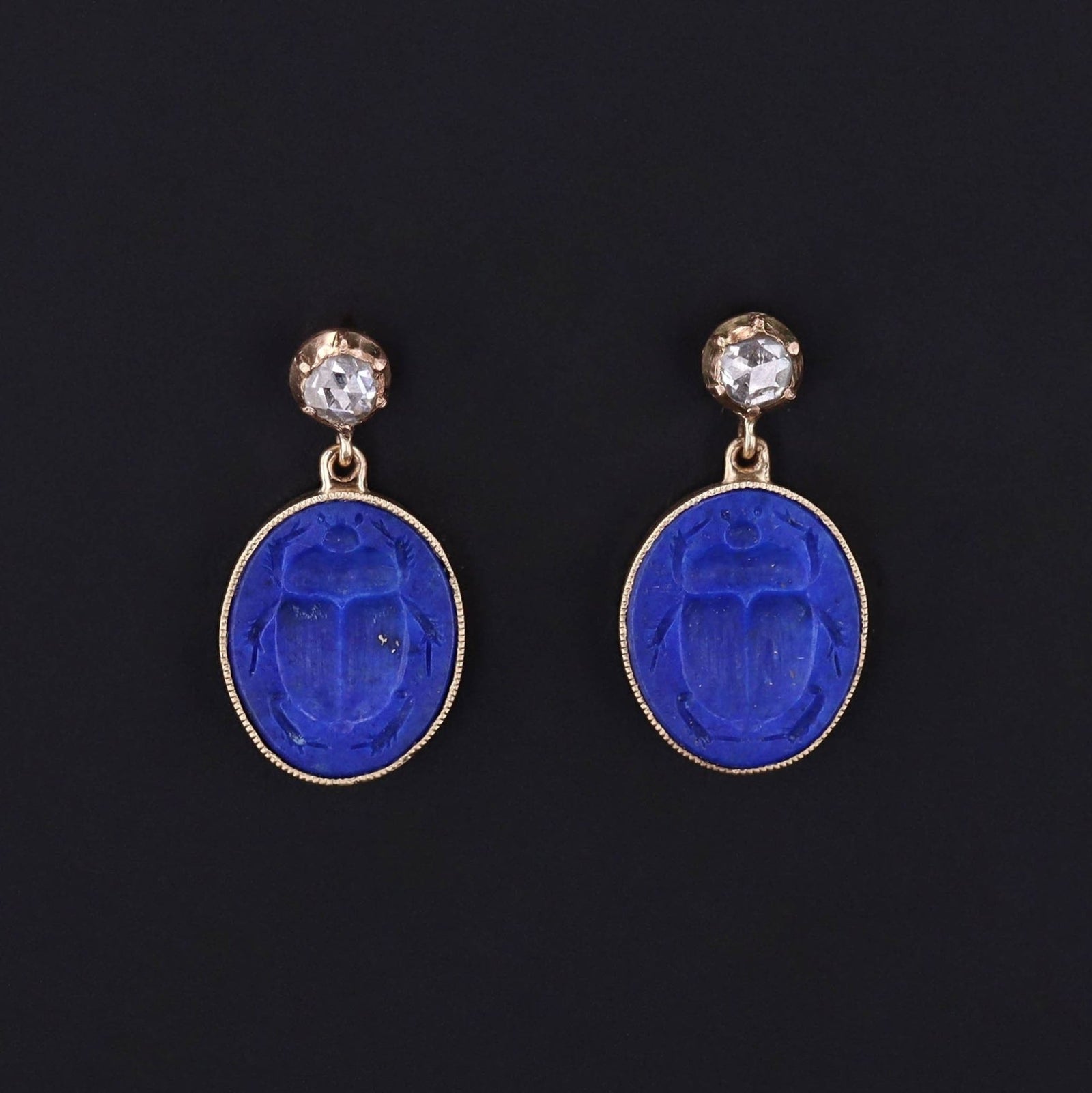 Lapis Lazuli Scarab Earrings with Diamonds in 14k Gold - Trademark Antiques