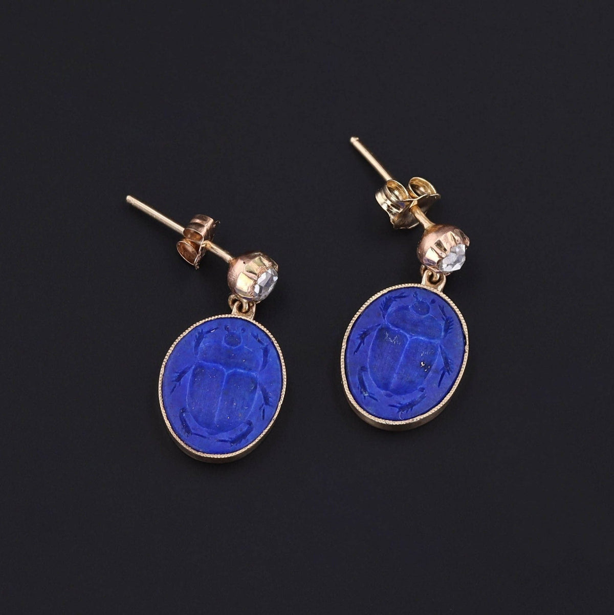 Lapis Lazuli Scarab Earrings with Diamonds in 14k Gold - Trademark Antiques