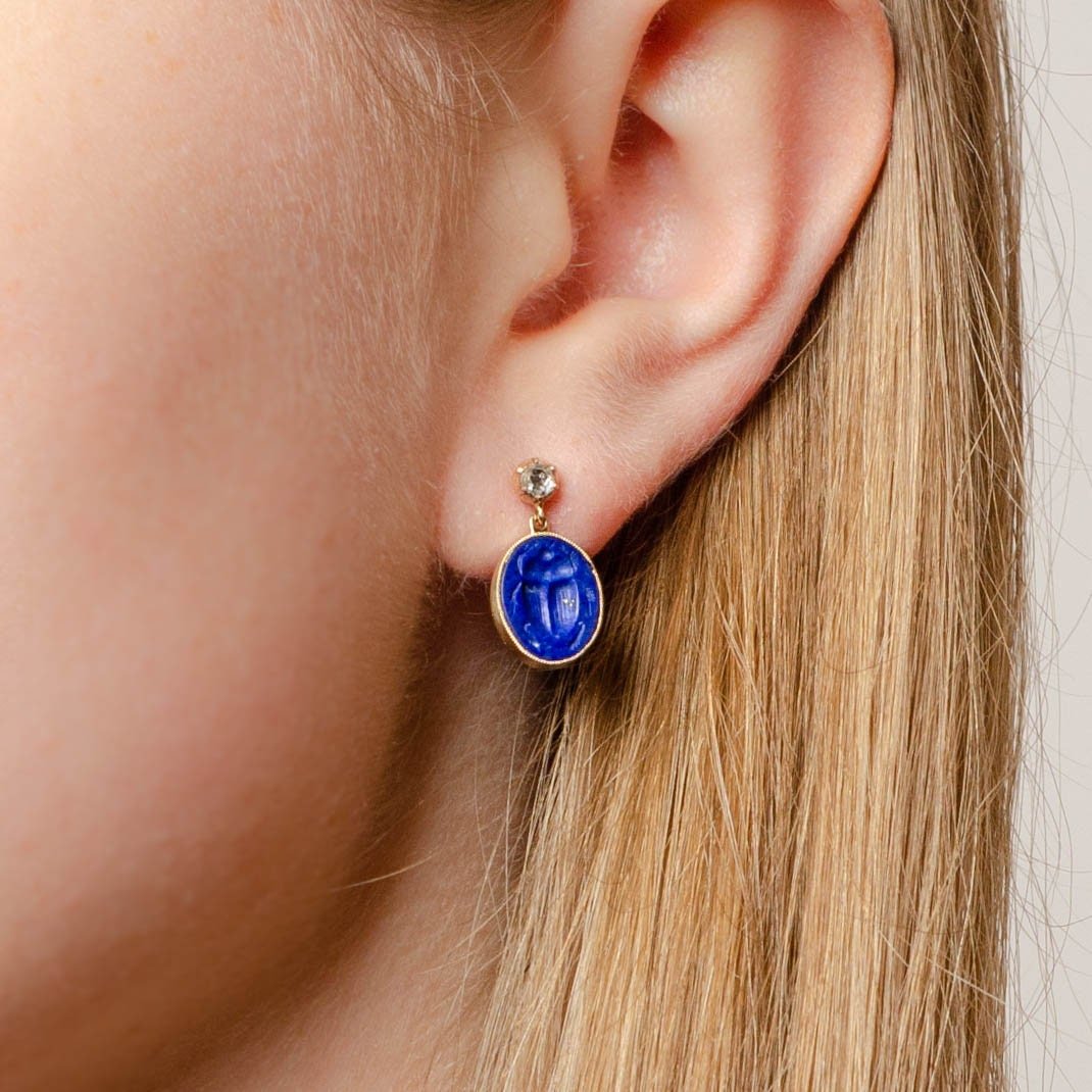Lapis Lazuli Scarab Earrings with Diamonds in 14k Gold - Trademark Antiques