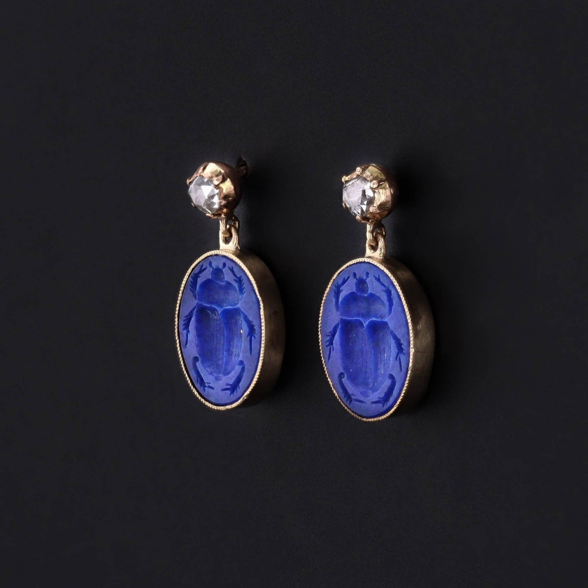 Lapis Lazuli Scarab Earrings with Diamonds in 14k Gold - Trademark Antiques