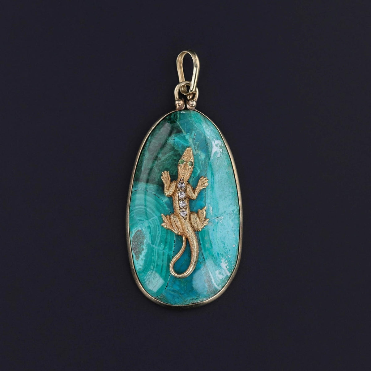 Malachite Lizard Pendant of 14k Gold - Trademark Antiques