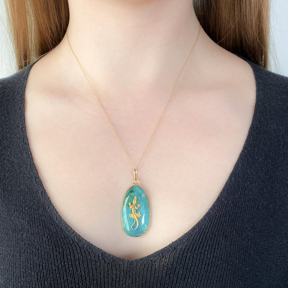 Malachite Lizard Pendant of 14k Gold - Trademark Antiques