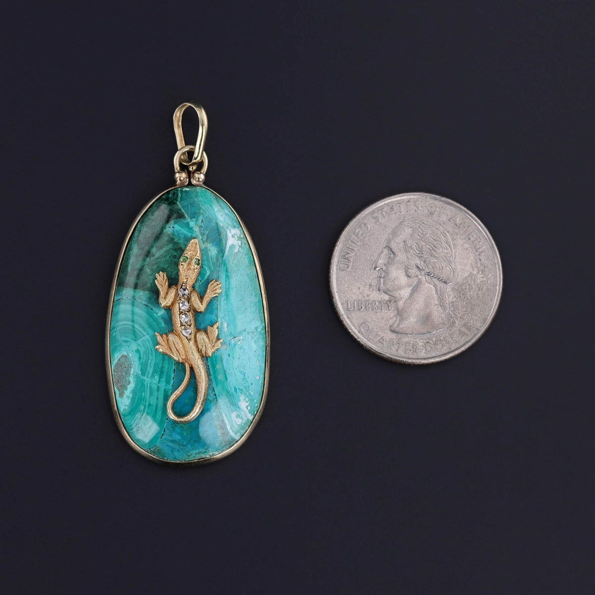 Malachite Lizard Pendant of 14k Gold - Trademark Antiques