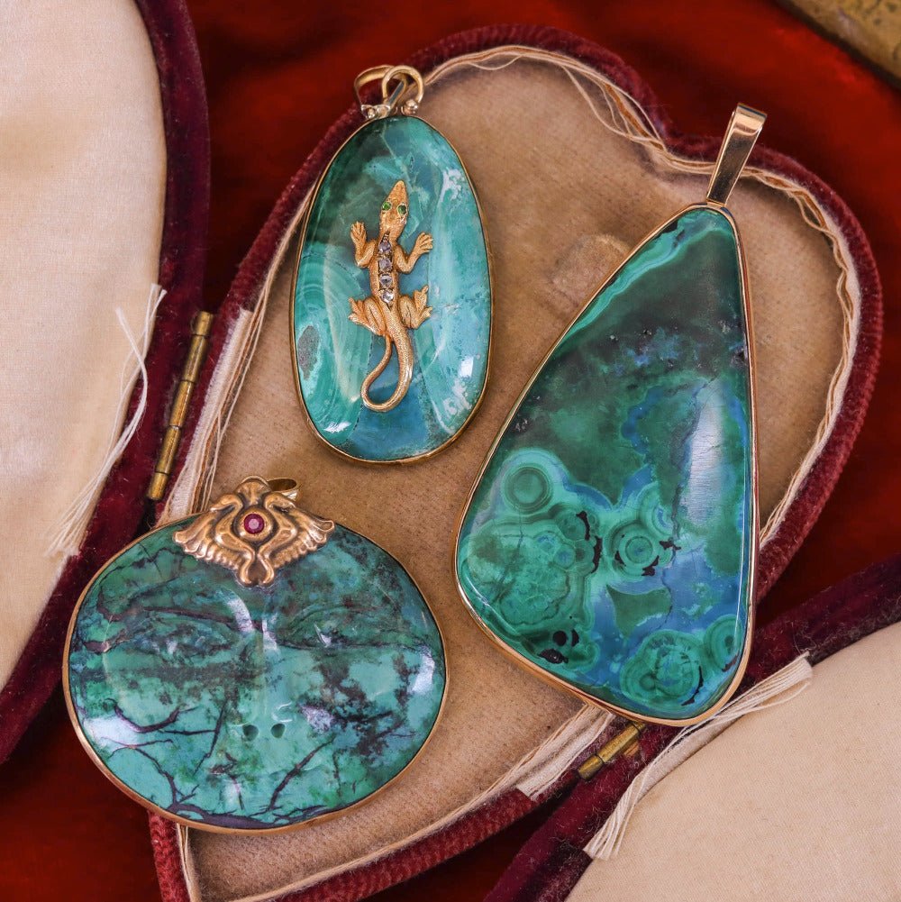 Modern Carved Chrysocolla Face Pendant of 14k Gold - Trademark Antiques