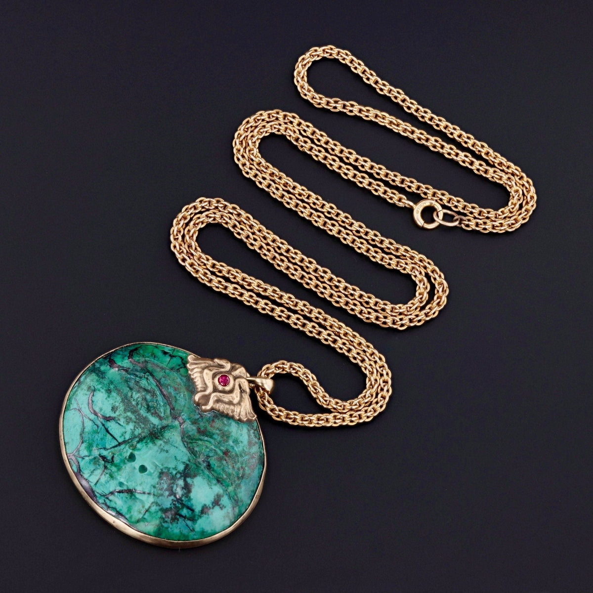 Modern Carved Chrysocolla Face Pendant of 14k Gold - Trademark Antiques