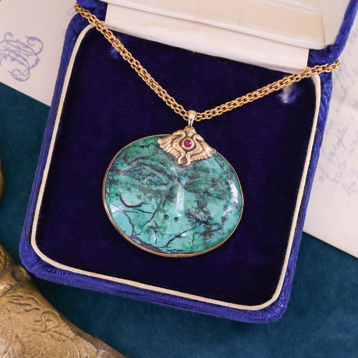 Modern Carved Chrysocolla Face Pendant of 14k Gold - Trademark Antiques