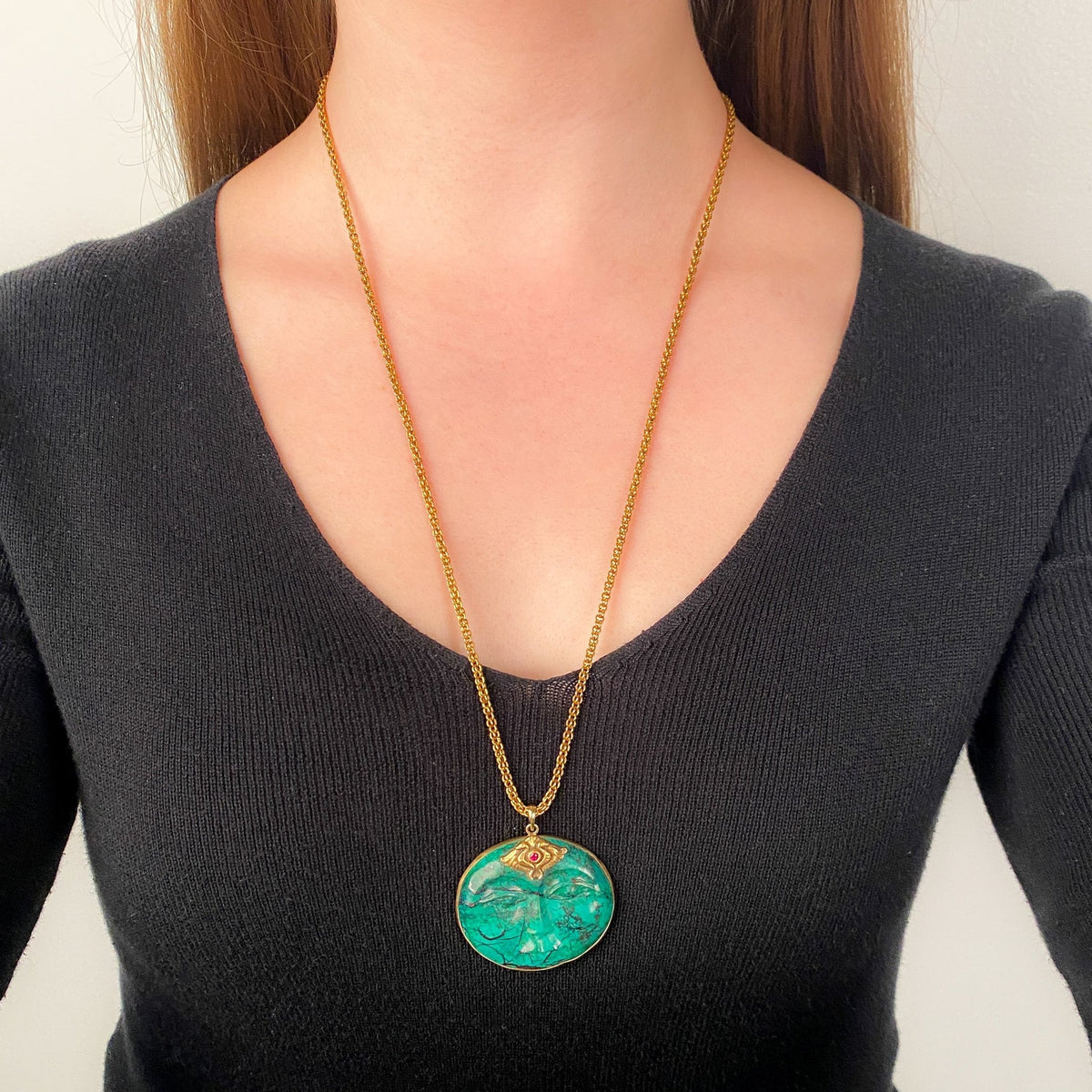 Modern Carved Chrysocolla Face Pendant of 14k Gold - Trademark Antiques