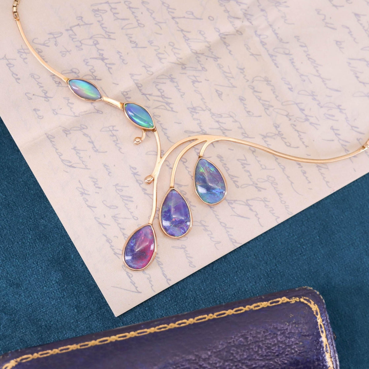 Modernist Opal Simulant Necklace of 14k &amp; 10k Gold - Trademark Antiques